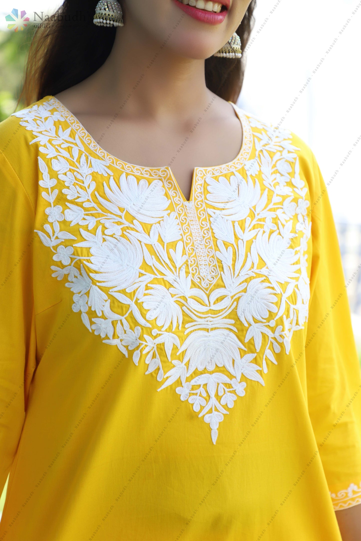Yellow Cotton Kurti Cord Set with White Floral Aari Embroidery