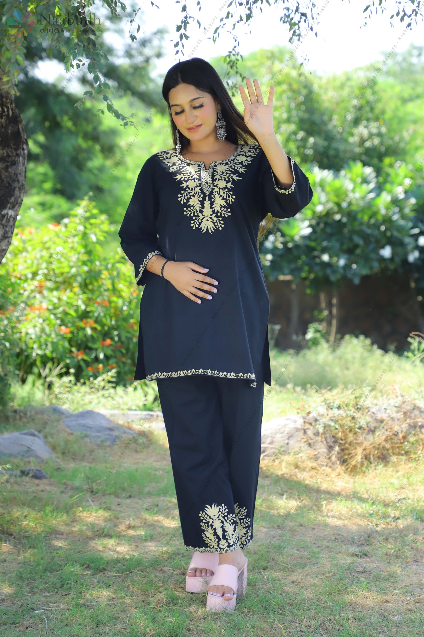 Black Cotton Kashmiri Kurti Cord Set with Light Yellow Embroidery