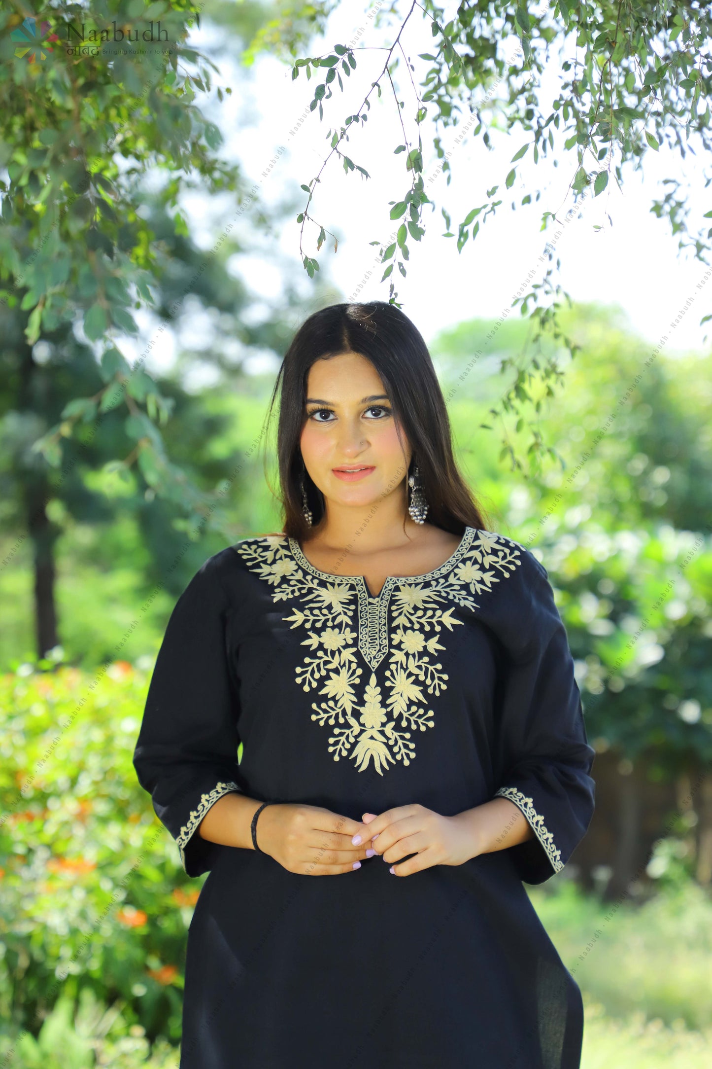 Black Cotton Kashmiri Kurti Cord Set with Light Yellow Embroidery