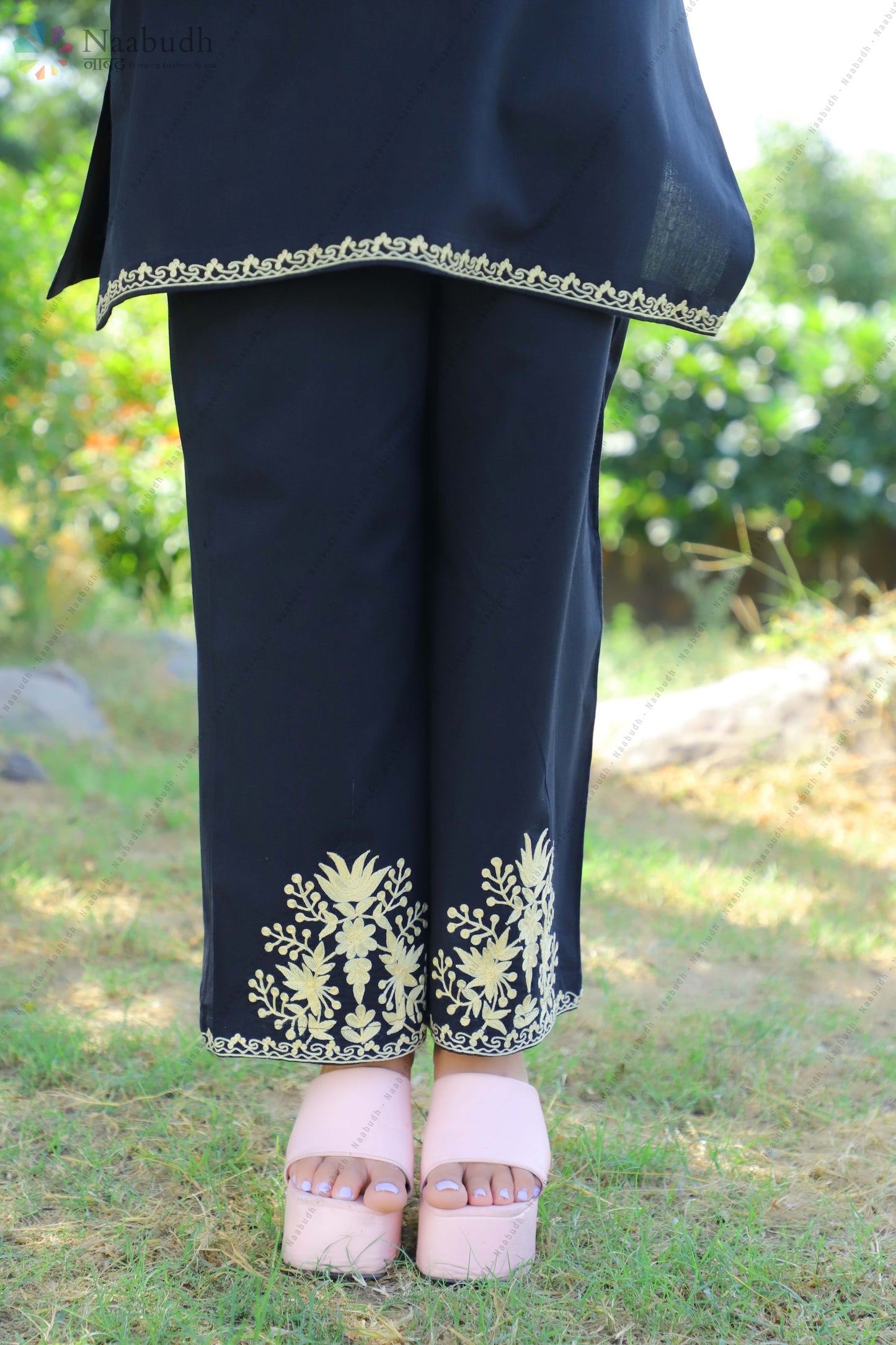 Black Cotton Kashmiri Kurti Cord Set with Light Yellow Embroidery