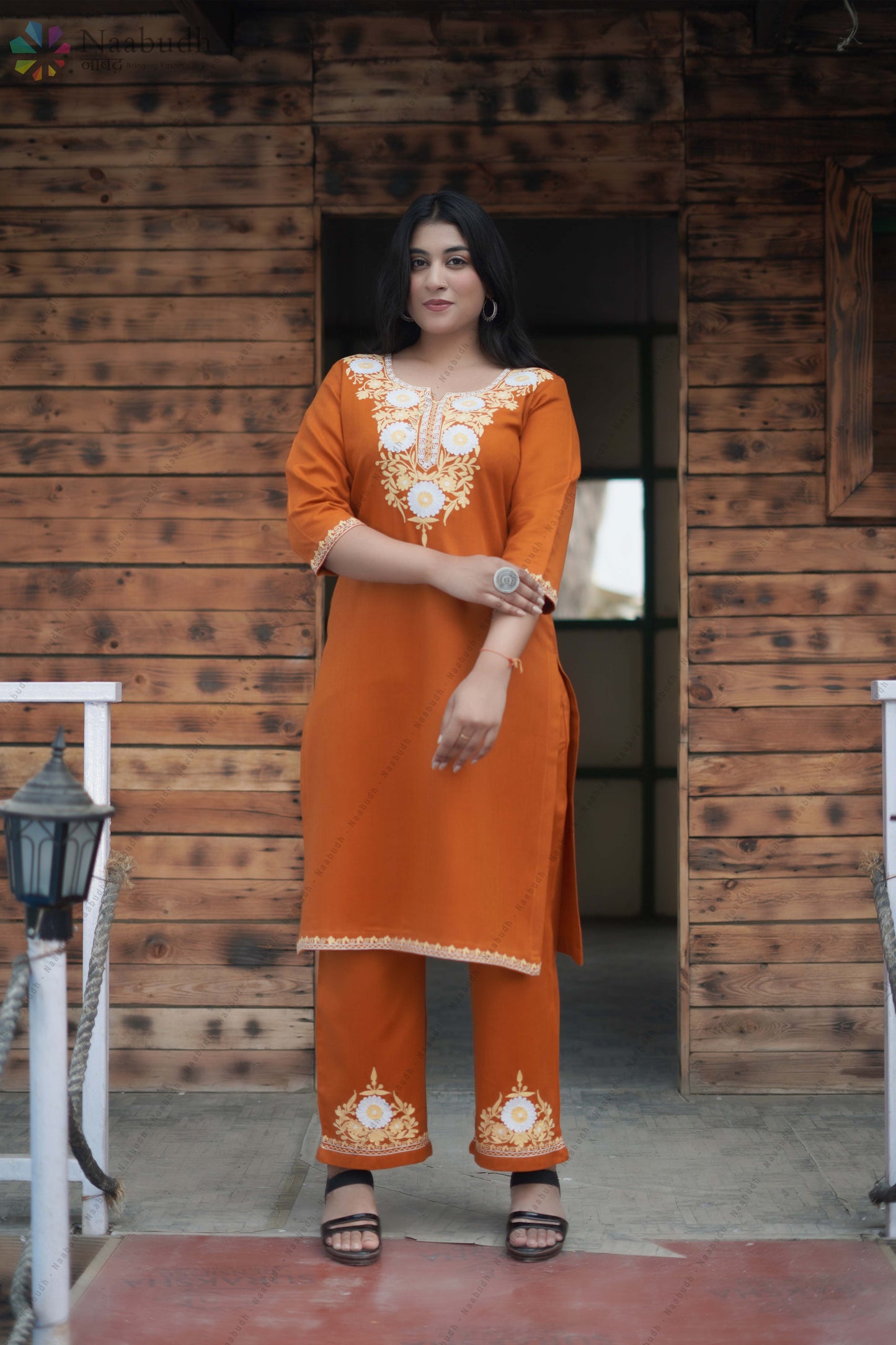 Woolen Rust Orange Long Kashmiri Kurti Cord Set With Multi Colored Embroidery
