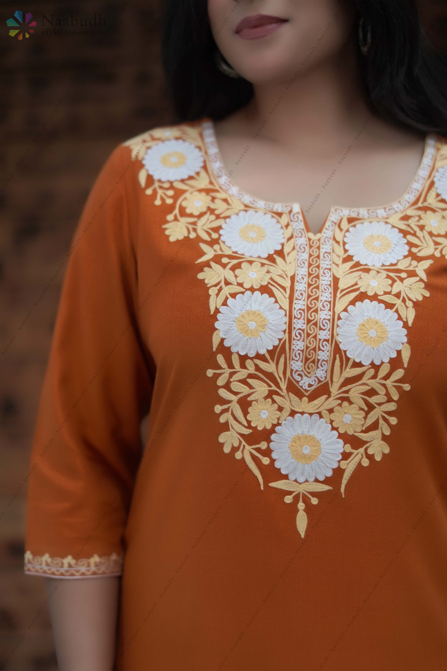 Woolen Rust Orange Long Kashmiri Kurti Cord Set With Multi Colored Embroidery