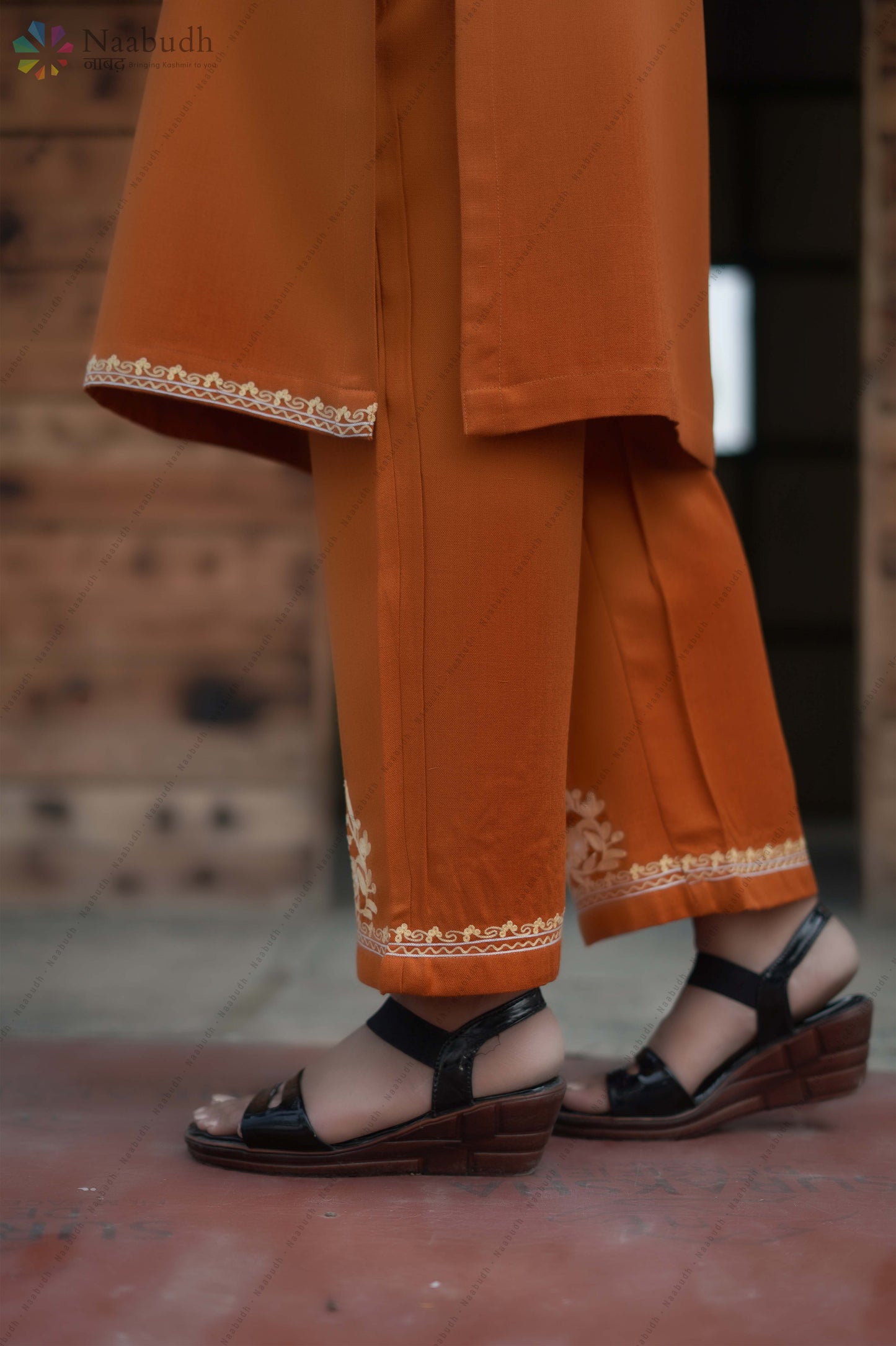 Woolen Rust Orange Long Kashmiri Kurti Cord Set With Multi Colored Embroidery