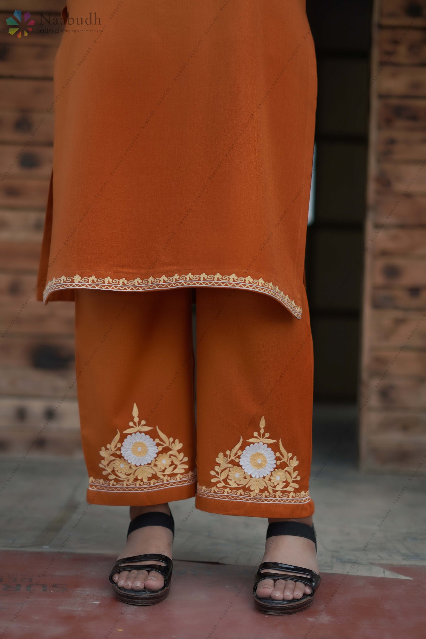 Woolen Rust Orange Long Kashmiri Kurti Cord Set With Multi Colored Embroidery