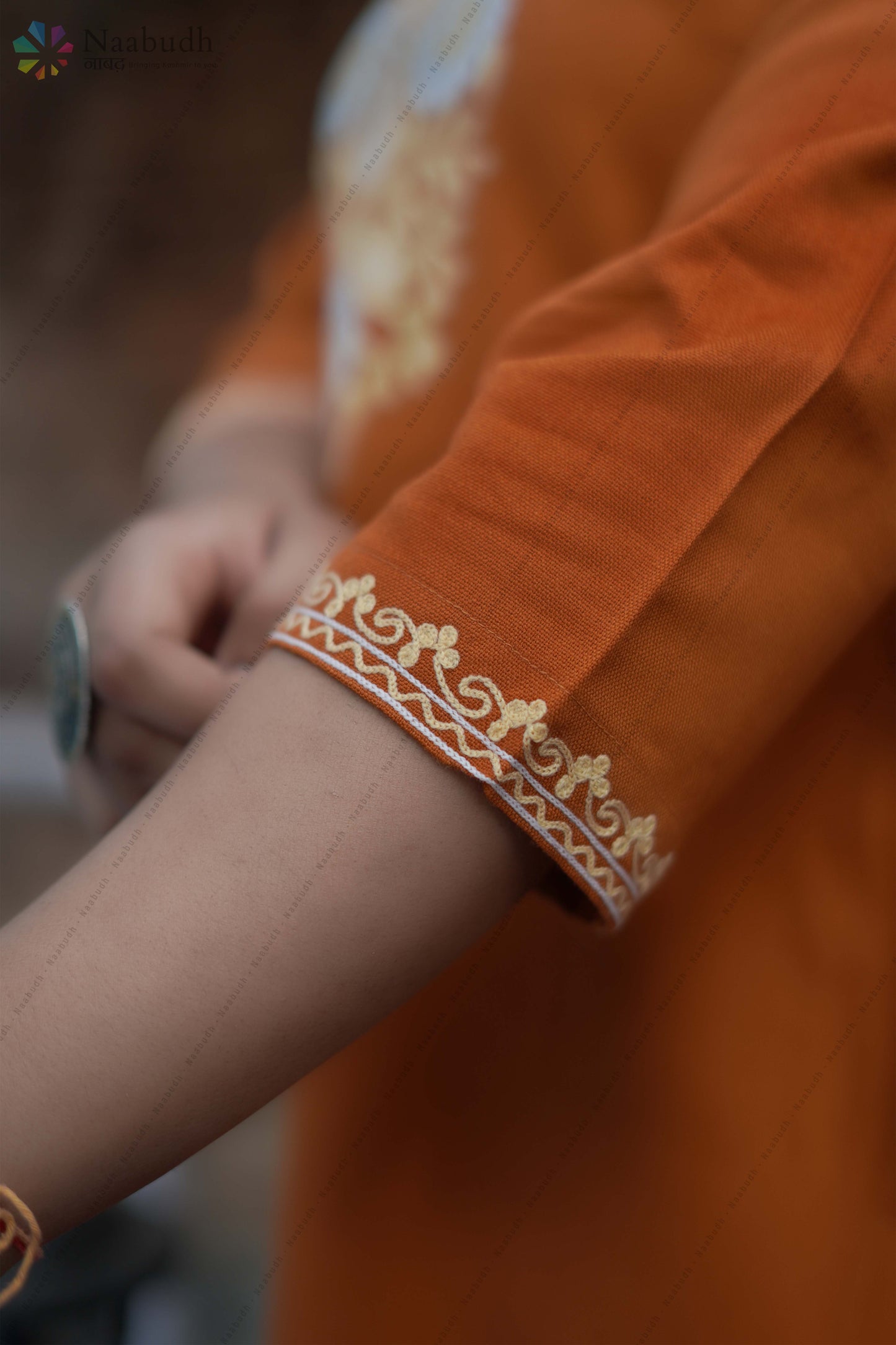 Woolen Rust Orange Long Kashmiri Kurti Cord Set With Multi Colored Embroidery