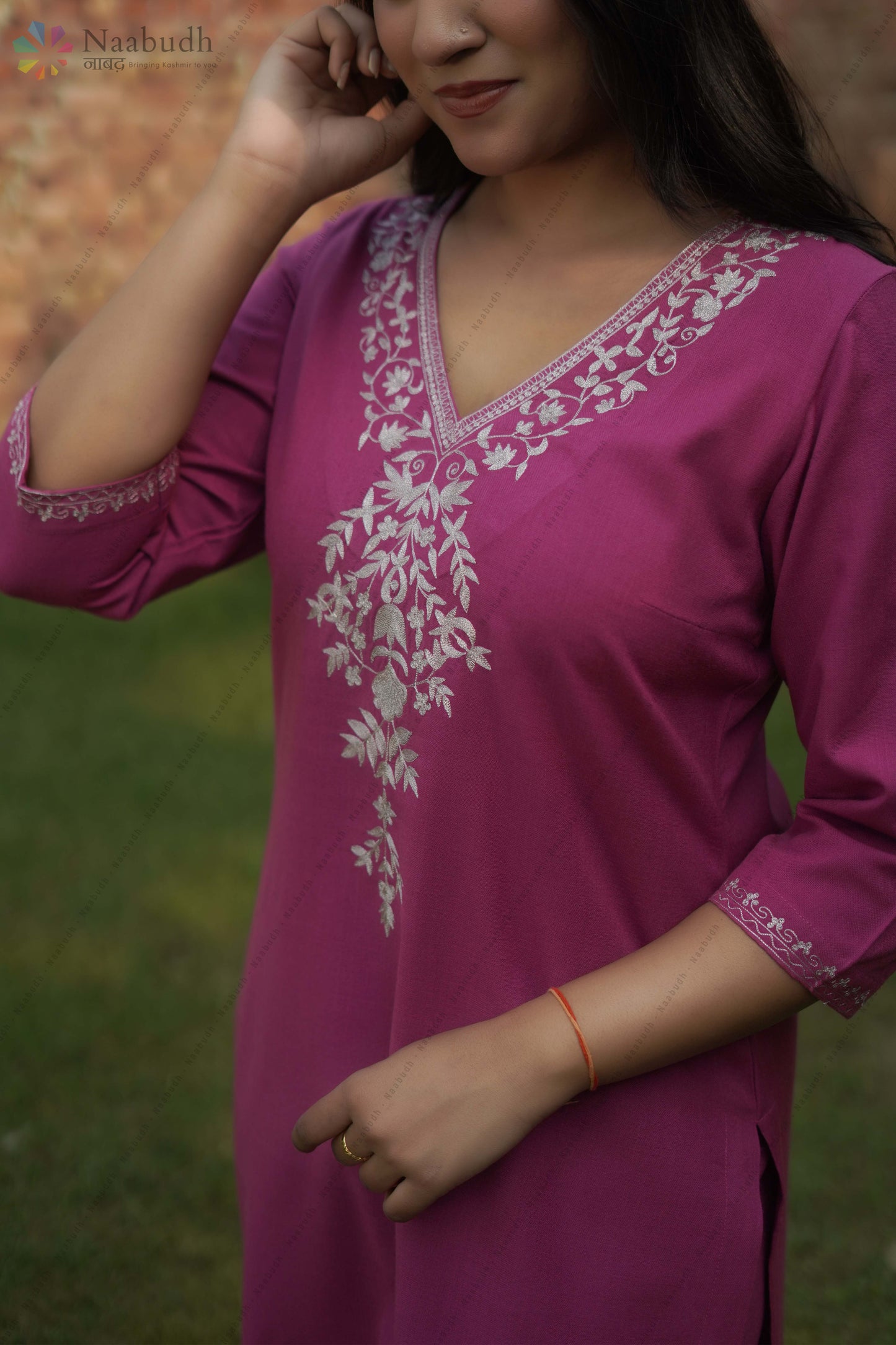 Woolen Lilac Colored Long Kashmiri Kurti Cord Set With Silver Tilla Embroidery