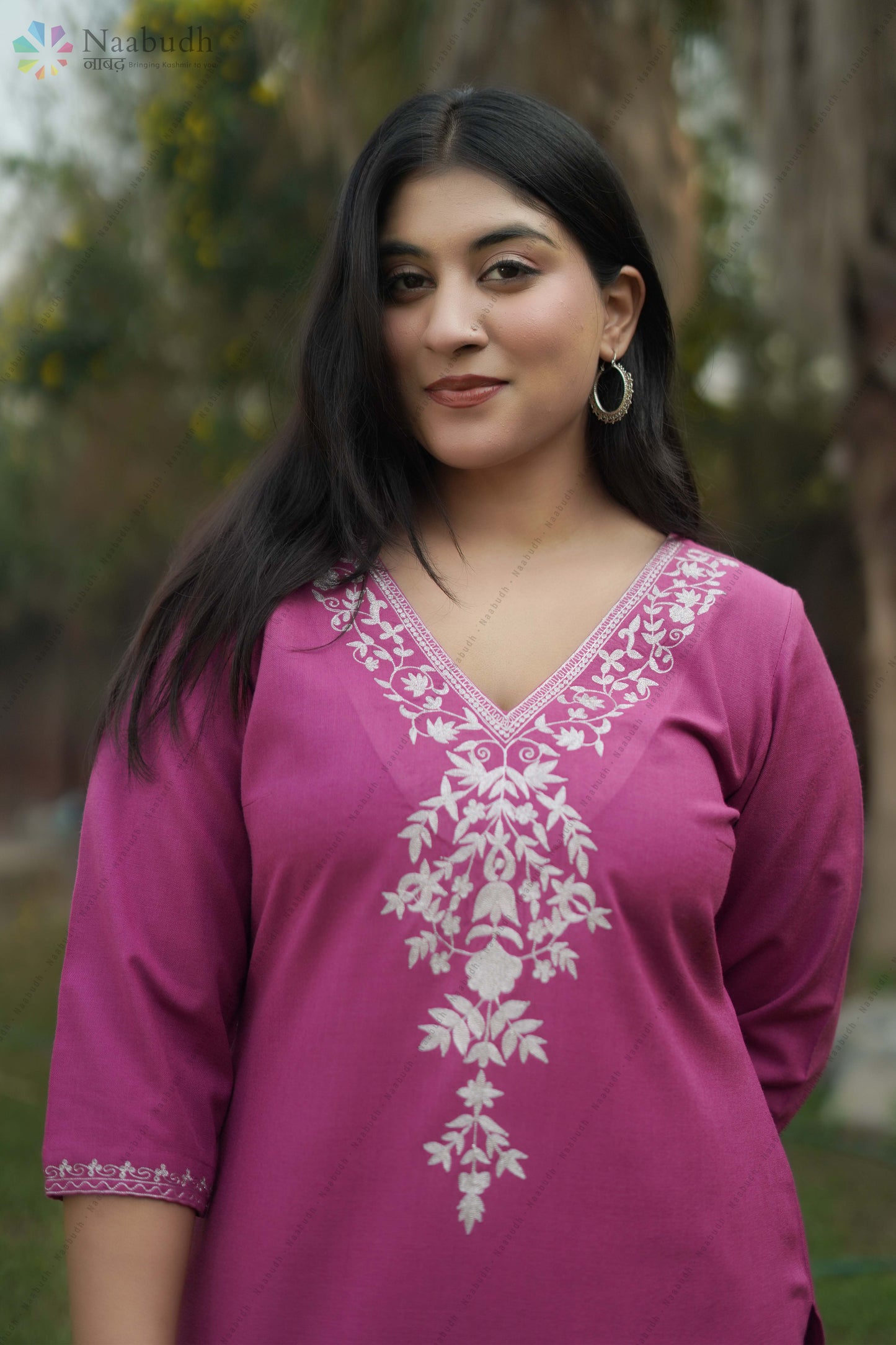 Woolen Lilac Colored Long Kashmiri Kurti Cord Set With Silver Tilla Embroidery