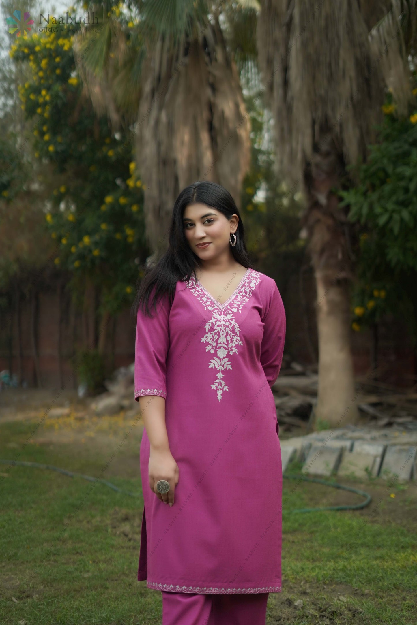 Woolen Lilac Colored Long Kashmiri Kurti Cord Set With Silver Tilla Embroidery
