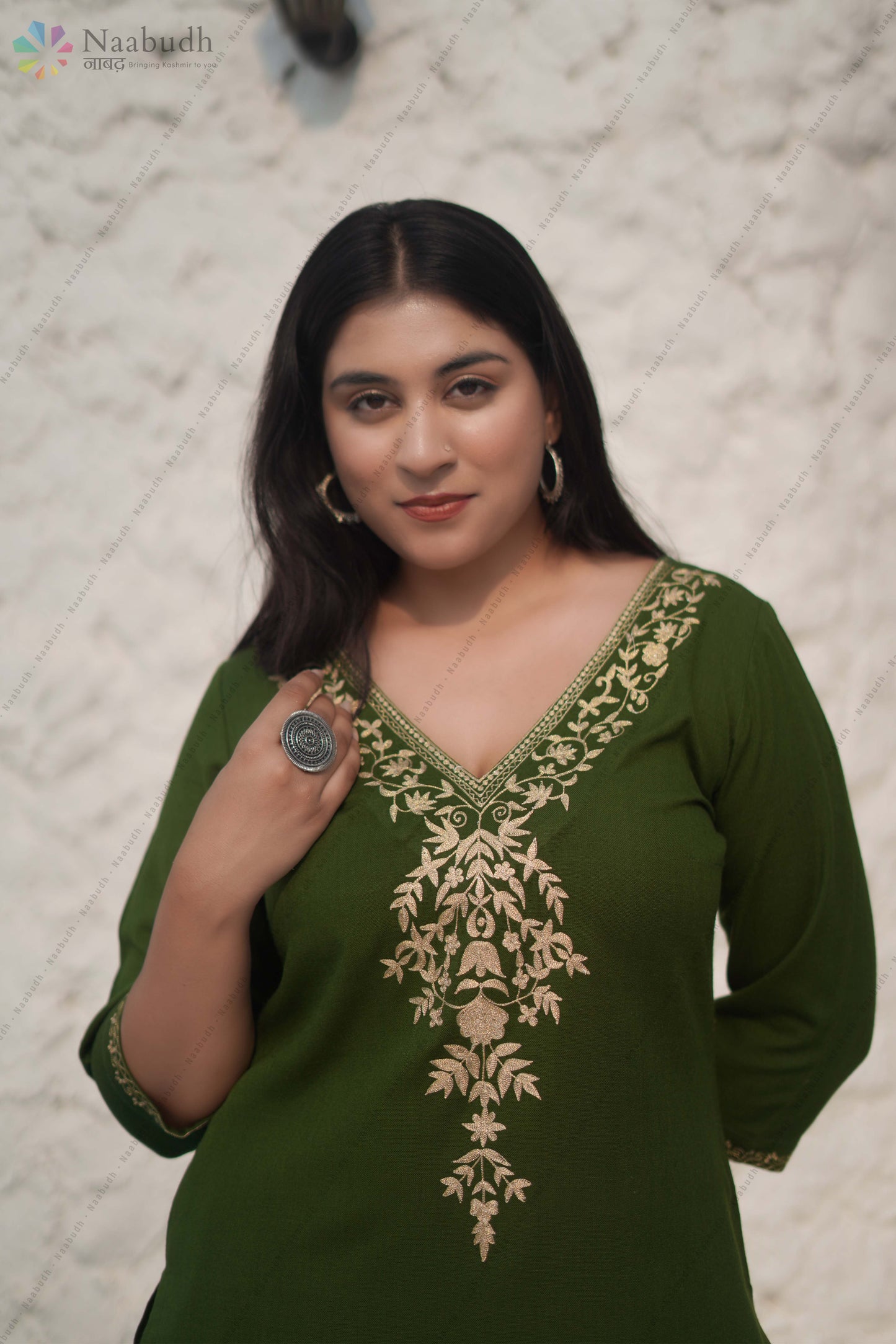 Woolen Dark Olive Long Kashmiri Kurti Co-Ord Set With Golden Colored Tilla Embroidery
