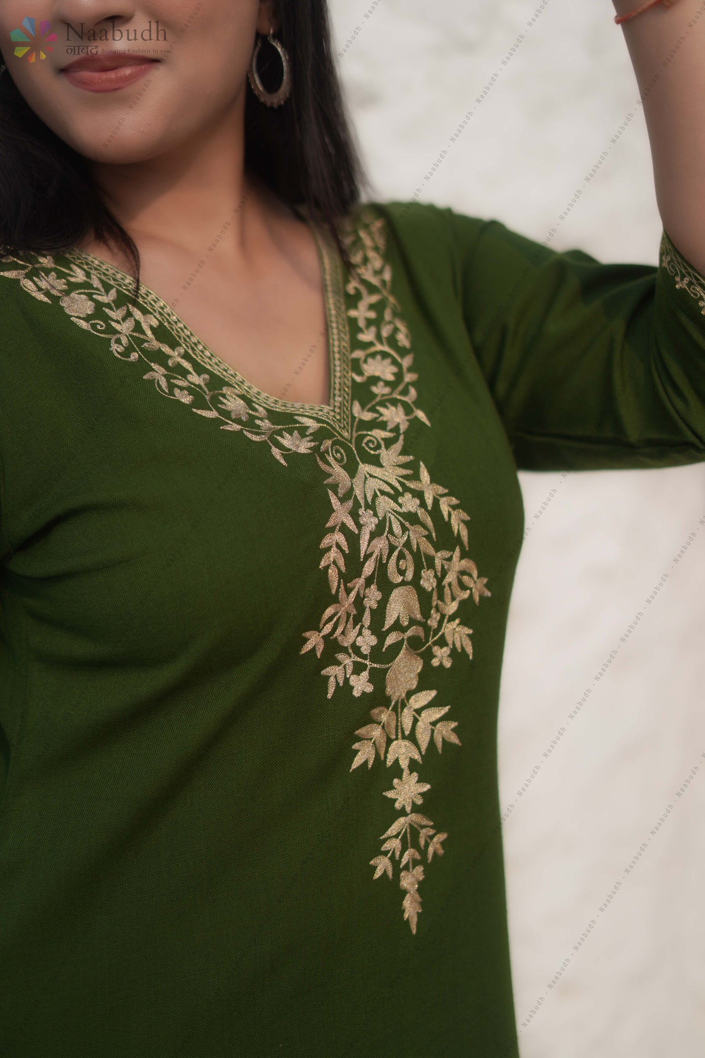 Woolen Dark Olive Long Kashmiri Kurti Co-Ord Set With Golden Colored Tilla Embroidery