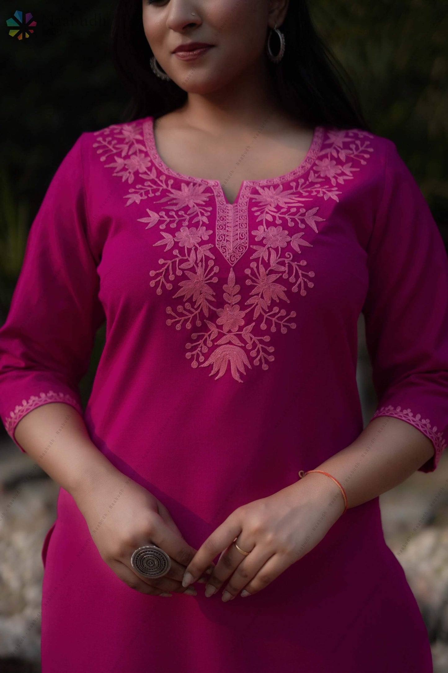 Woolen Pink Long Kashmiri Kurti Cord Set With baby Pink Colored Embroidery
