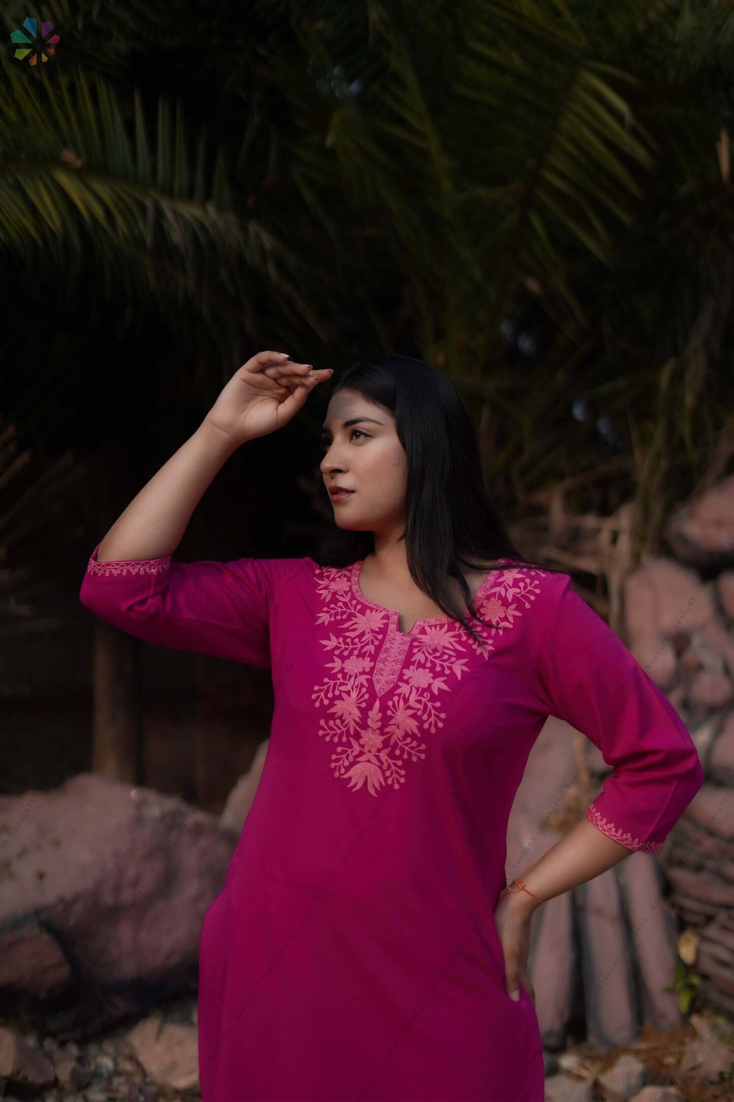 Woolen Pink Long Kashmiri Kurti Cord Set With baby Pink Colored Embroidery