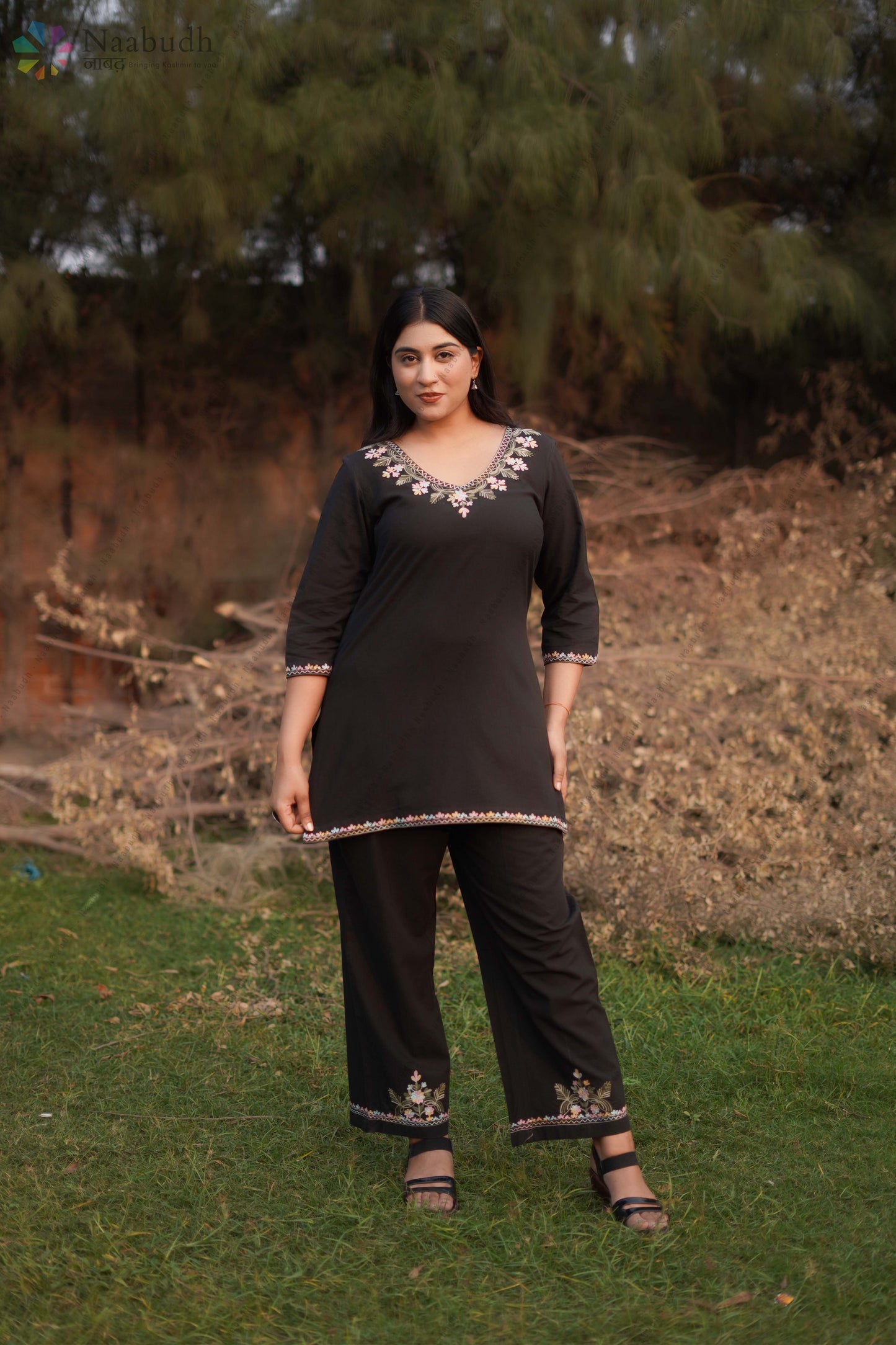 Black Cotton Co-Ord Set with Multi Color Kashmiri Aari Embroidery