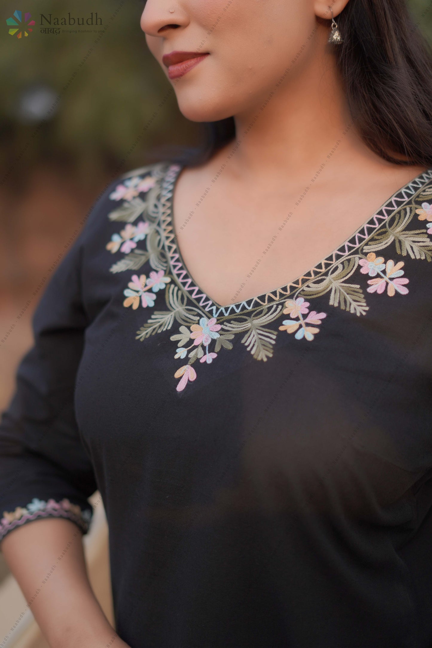 Black Cotton Co-Ord Set with Multi Color Kashmiri Aari Embroidery