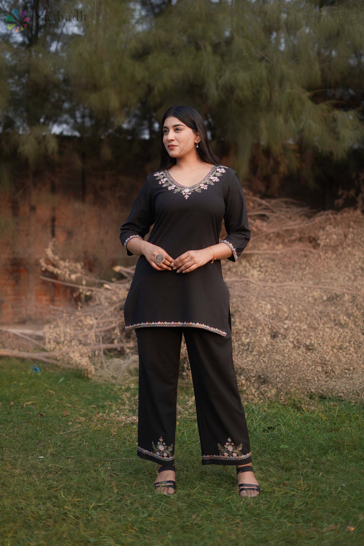 Black Cotton Co-Ord Set with Multi Color Kashmiri Aari Embroidery