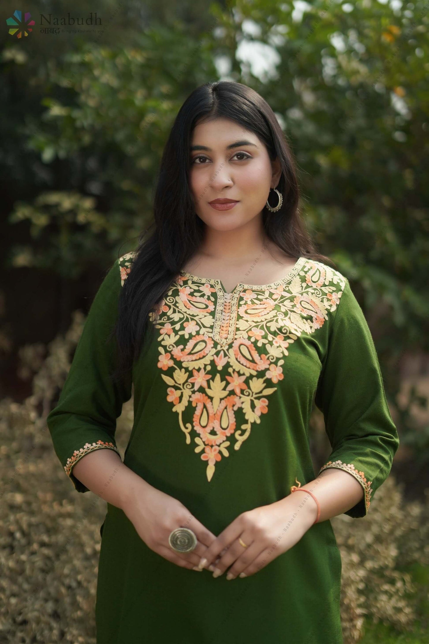Woolen Long Green Kashmiri Kurti Cord Set With Multicolored Embroidery