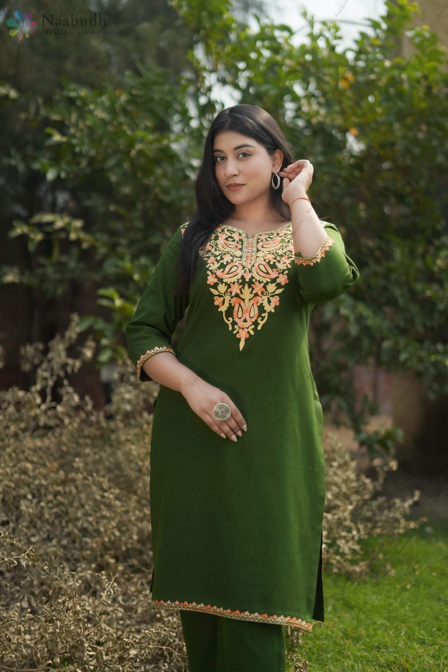Woolen Long Green Kashmiri Kurti Cord Set With Multicolored Embroidery