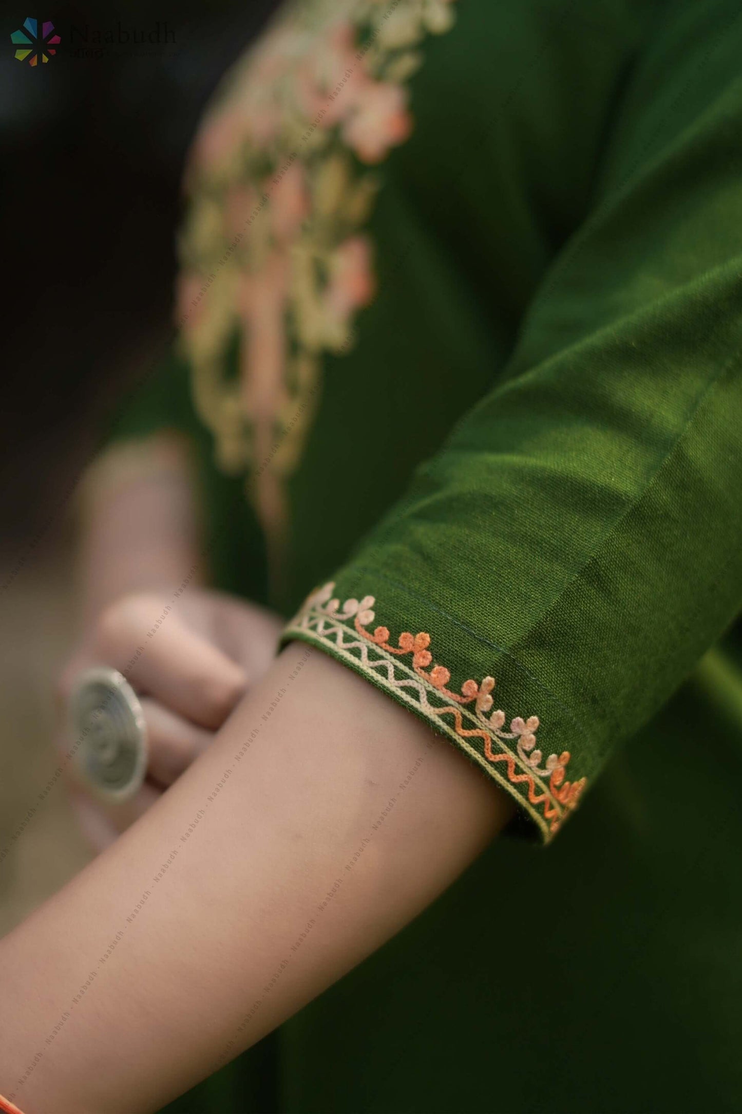 Woolen Long Green Kashmiri Kurti Cord Set With Multicolored Embroidery