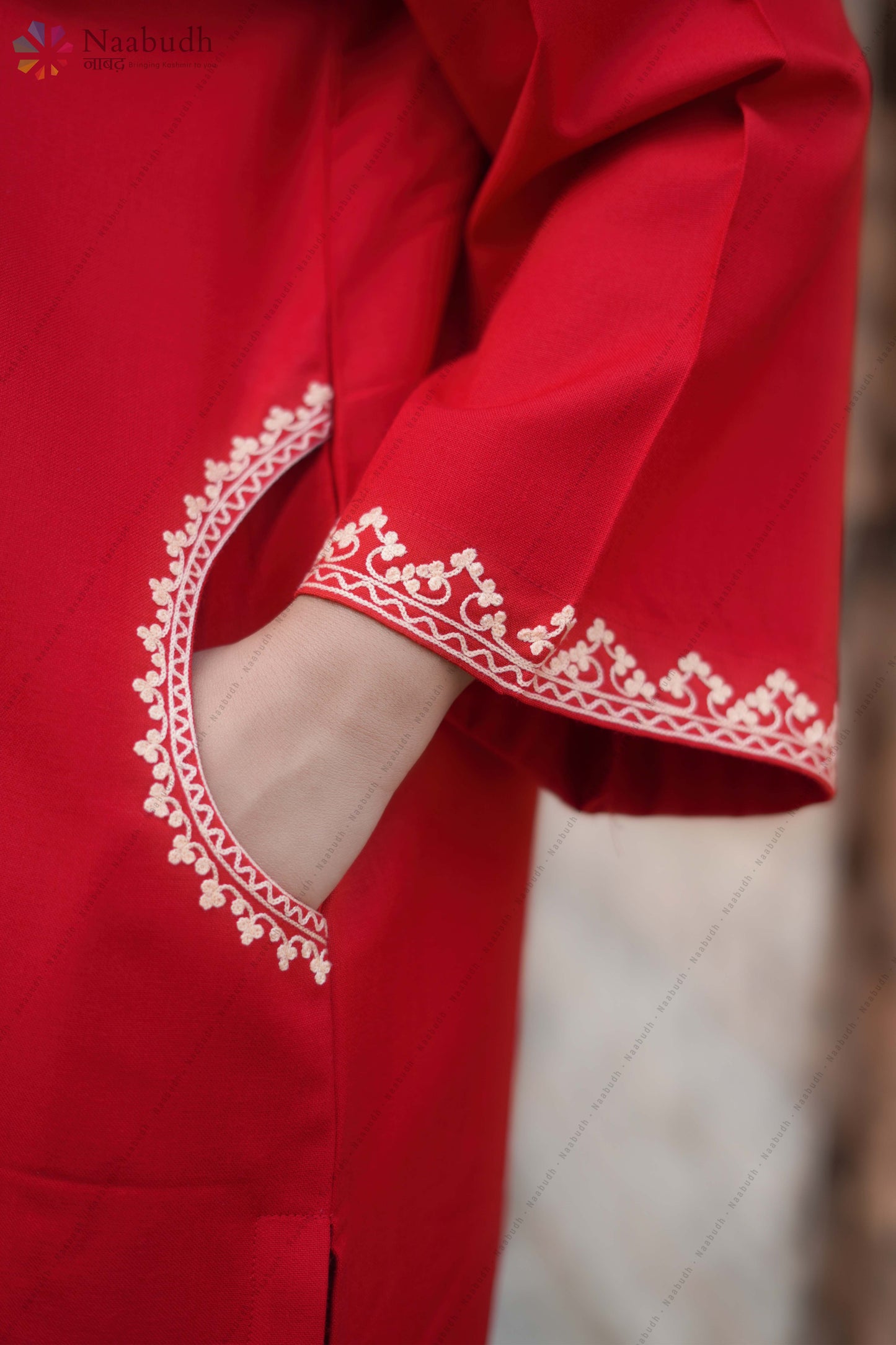 Woolen Red Kashmiri Pheran With Beautiful light Yellow Colored Embroidery