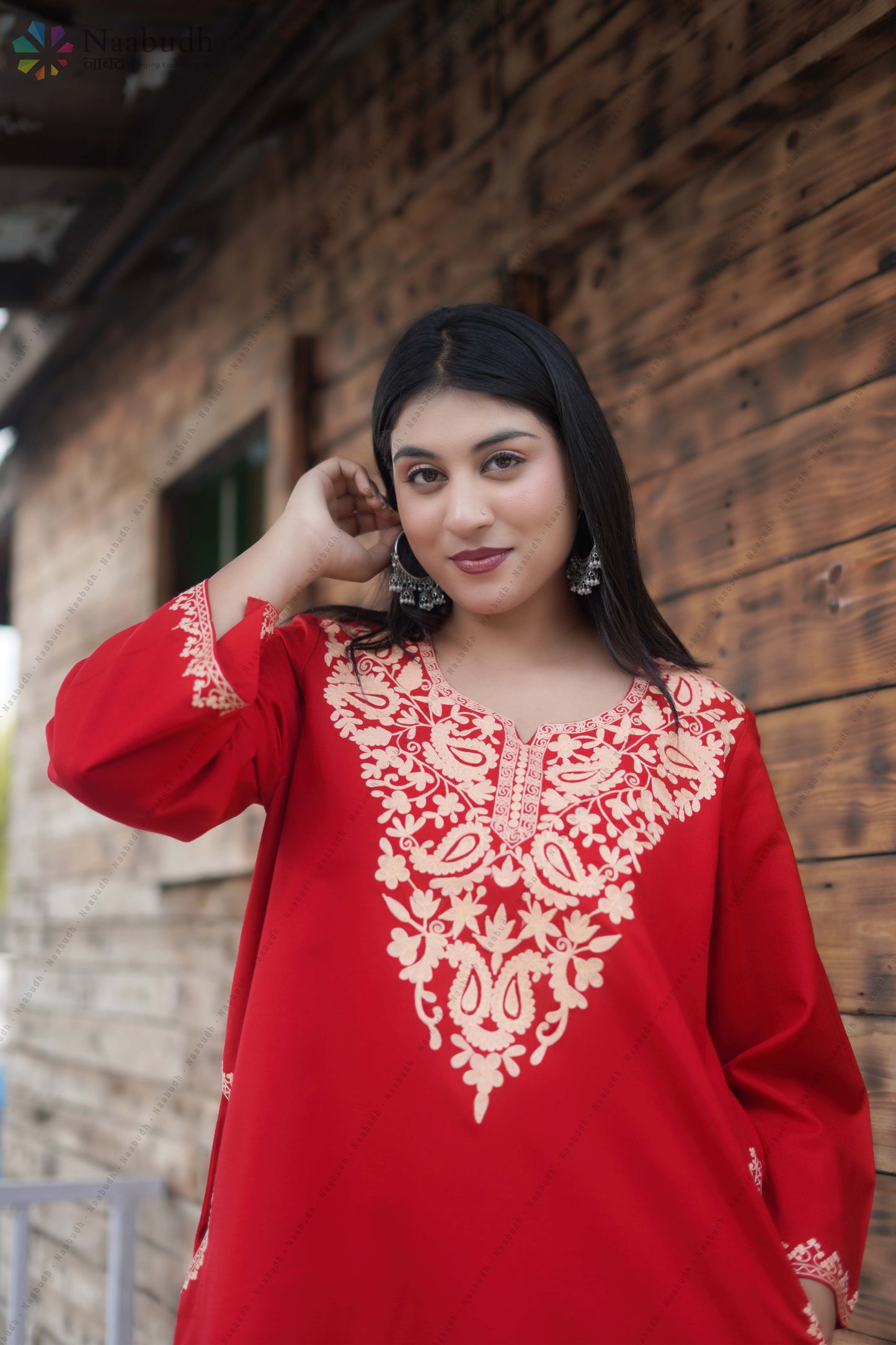 Woolen Red Kashmiri Pheran With Beautiful light Yellow Colored Embroidery