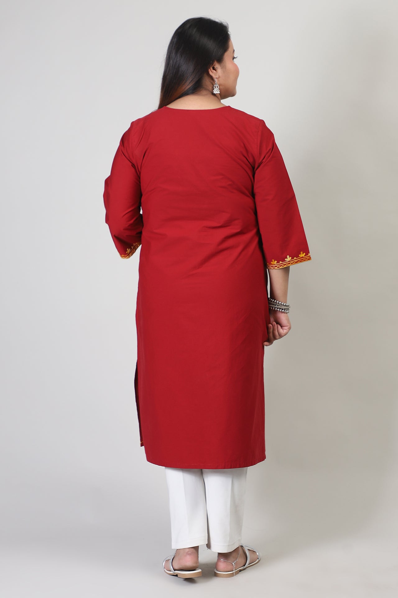 Red Cotton Kurti with Orange Floral Kashmiri Aari Work