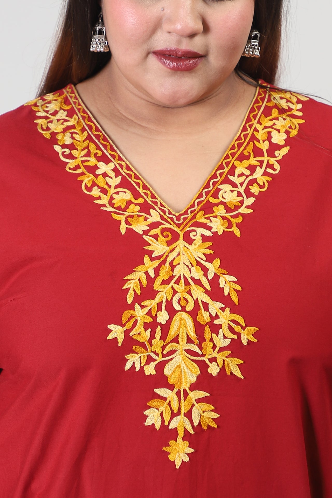 Red Cotton Kurti with Orange Floral Kashmiri Aari Work