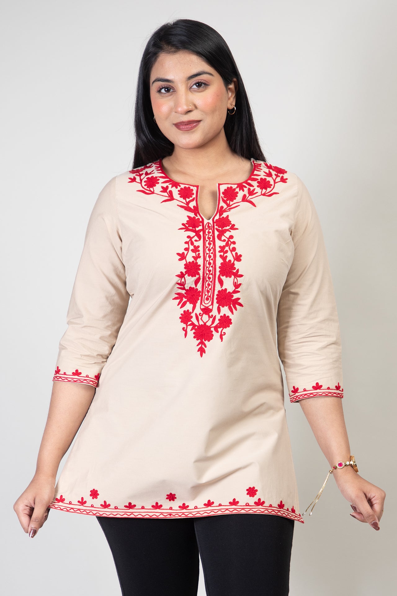 Sand Brown Premium Kashmiri Short cotton Kurti Styled with small U-slit cut at front and graced with Dark Red colour Floral Aari Work embroidery