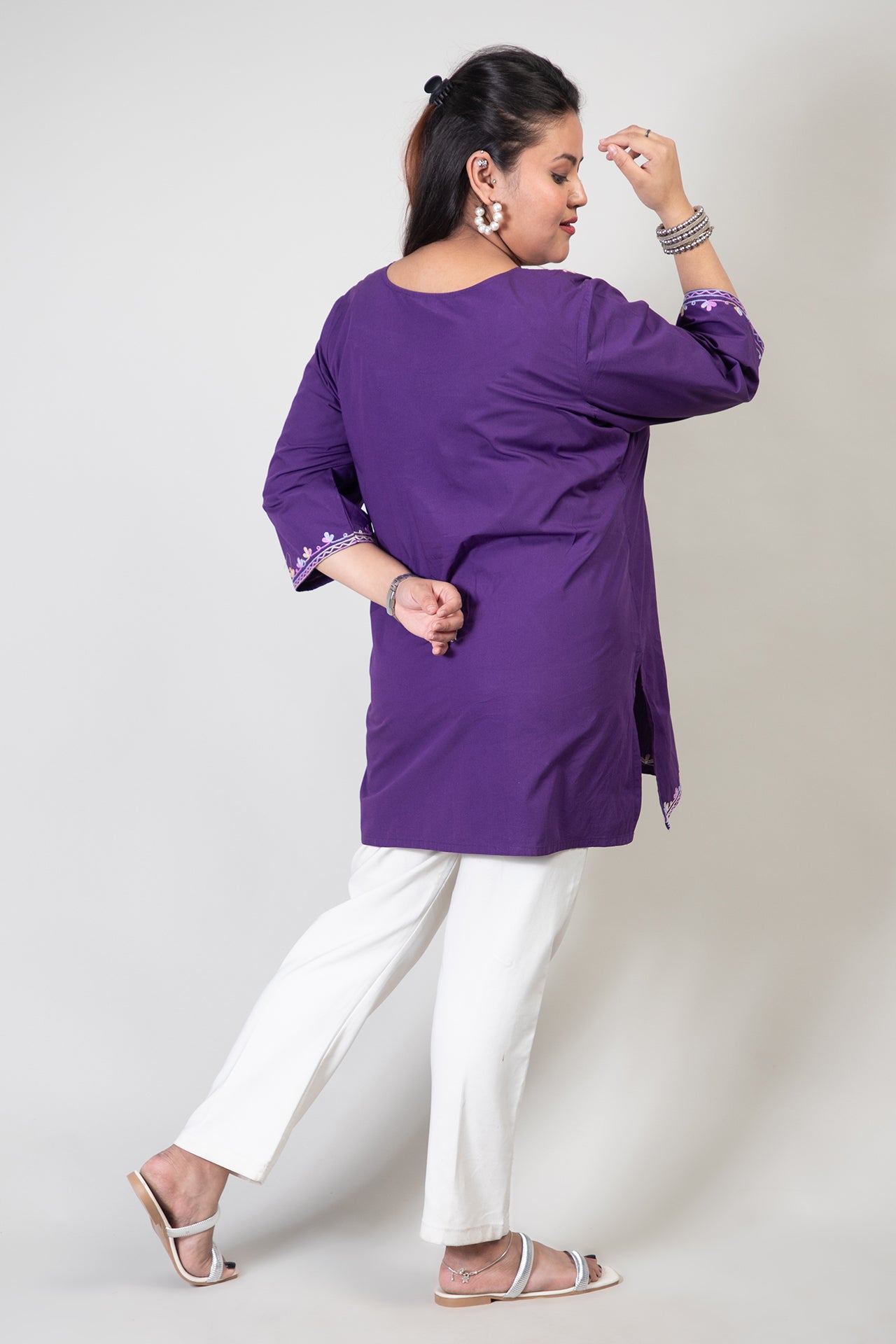 Purple Coloured Premium Kashmiri Short cotton Kurti Styled with small V-slit cut at Front and graced with light Multi Colour Floral Aari Work embroidery
