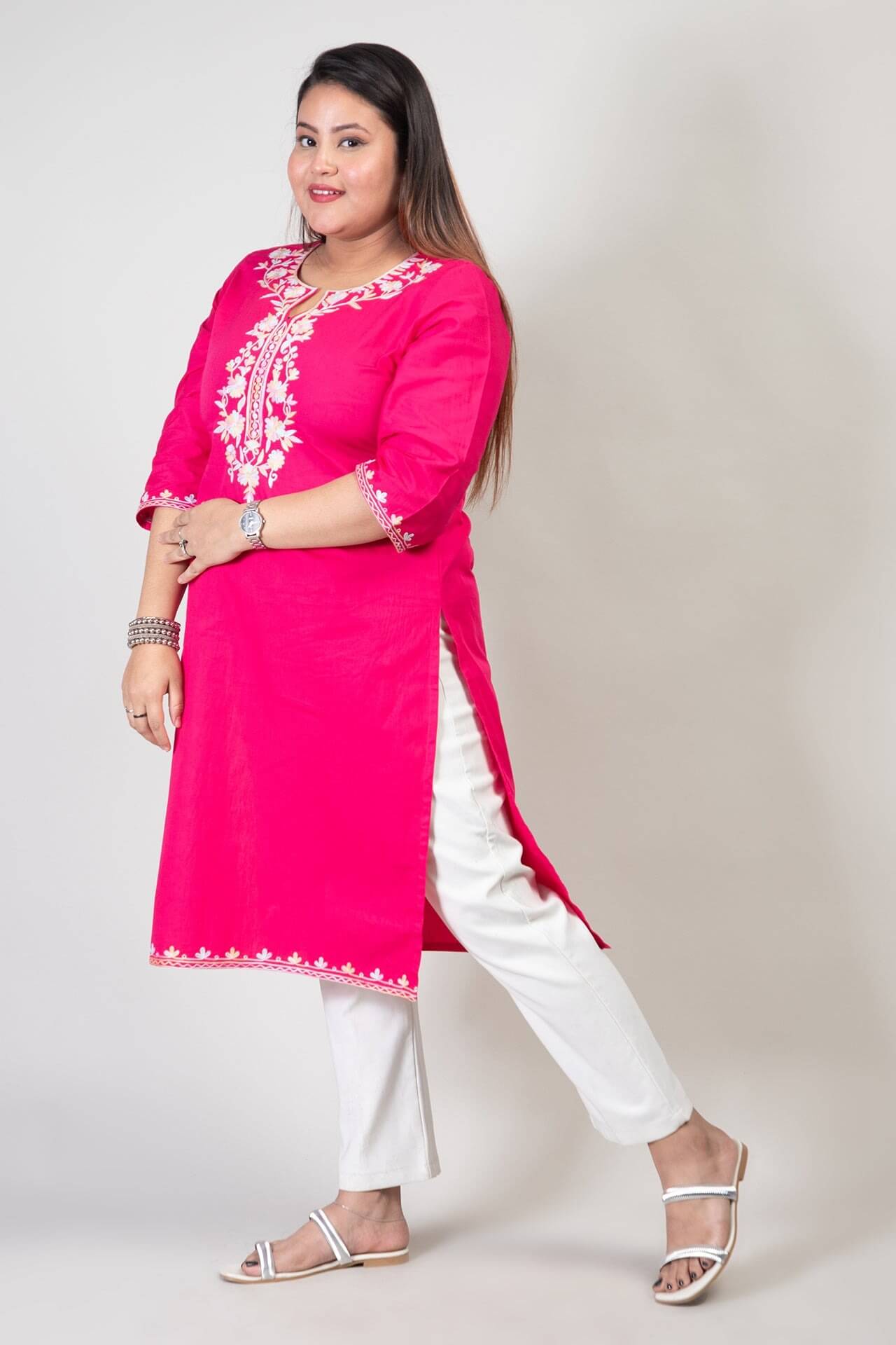 Rose Pink Long Cotton Kurti with Light Tone Kashmiri Aari Embroidery