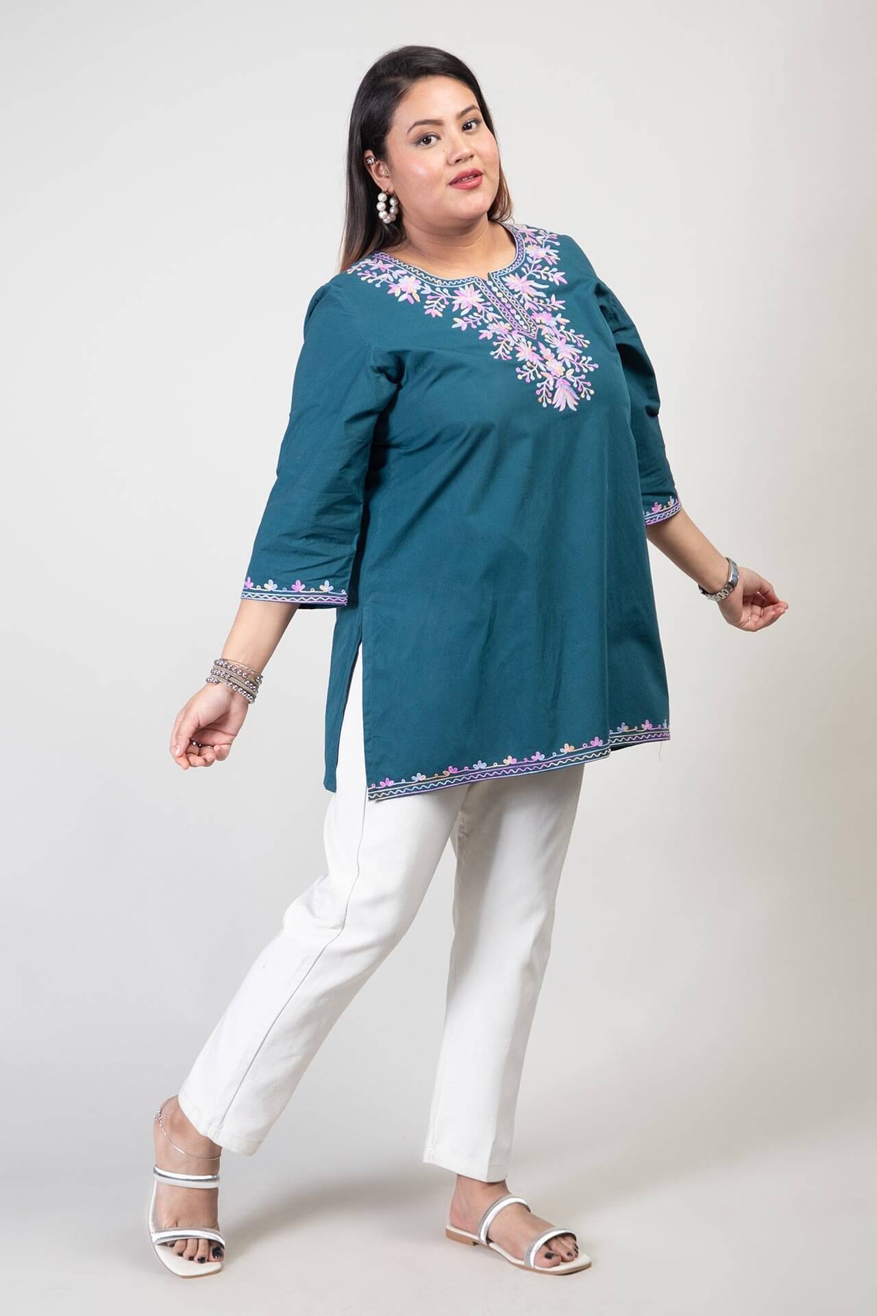 Teal Green Kashmiri Short Cotton Kurti with Multi-Color Aari Work