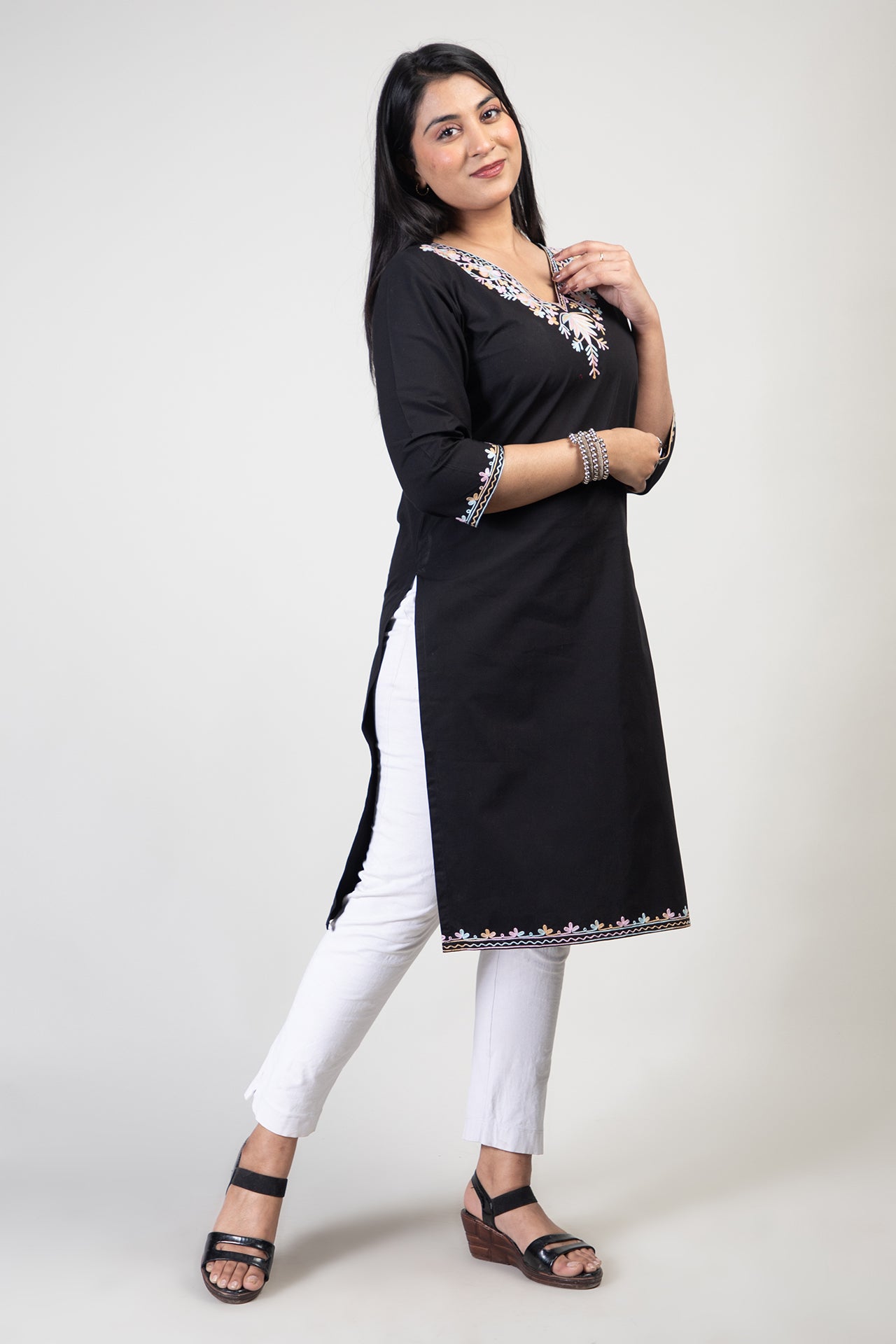 Black Long Cotton Kurti with Minimal Kashmiri Aari Work embroidery