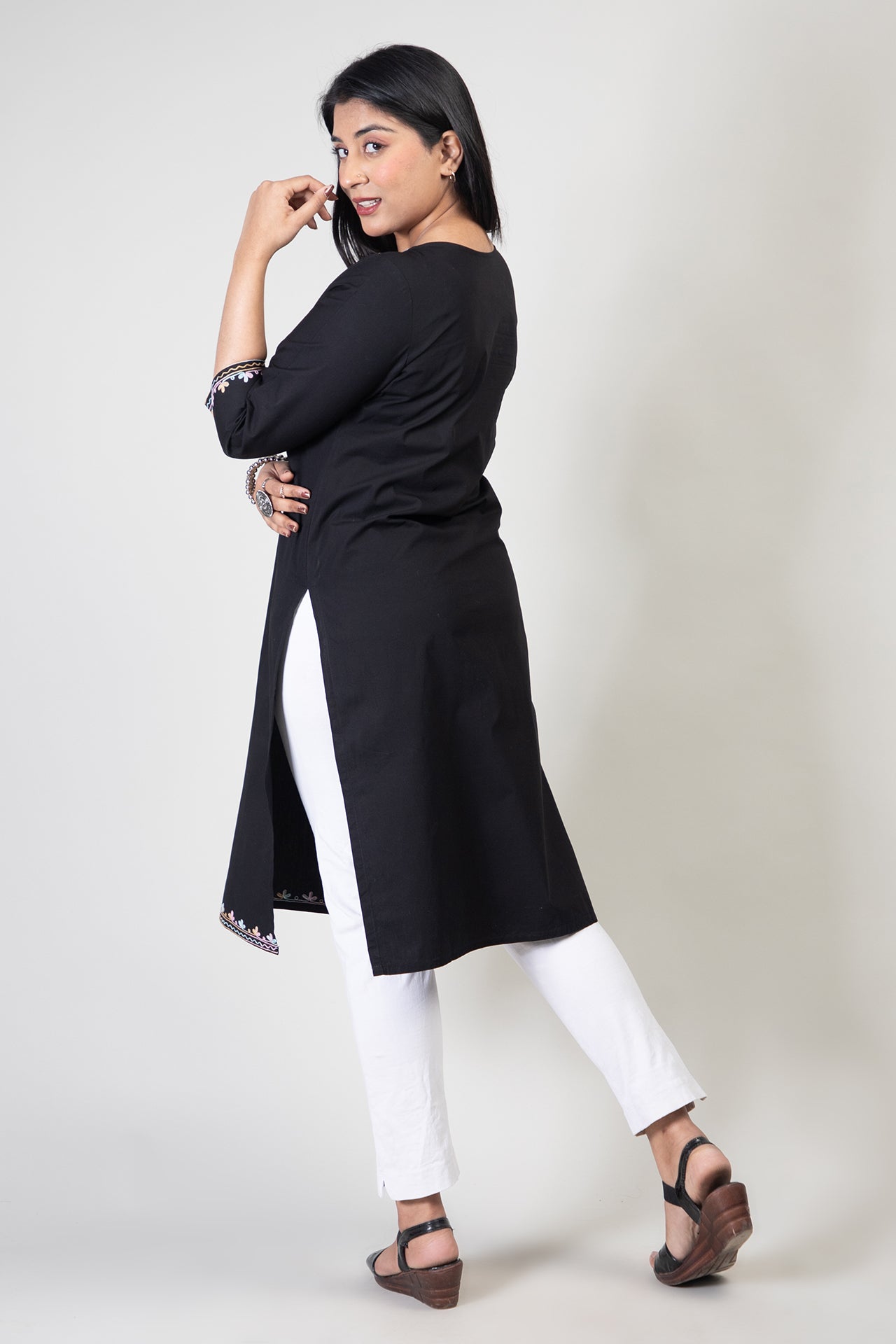 Black Long Cotton Kurti with Minimal Kashmiri Aari Work embroidery