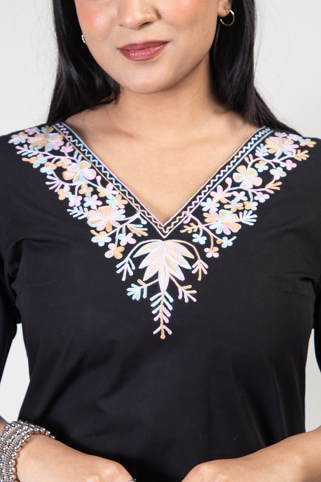 Black Long Cotton Kurti with Minimal Kashmiri Aari Work embroidery