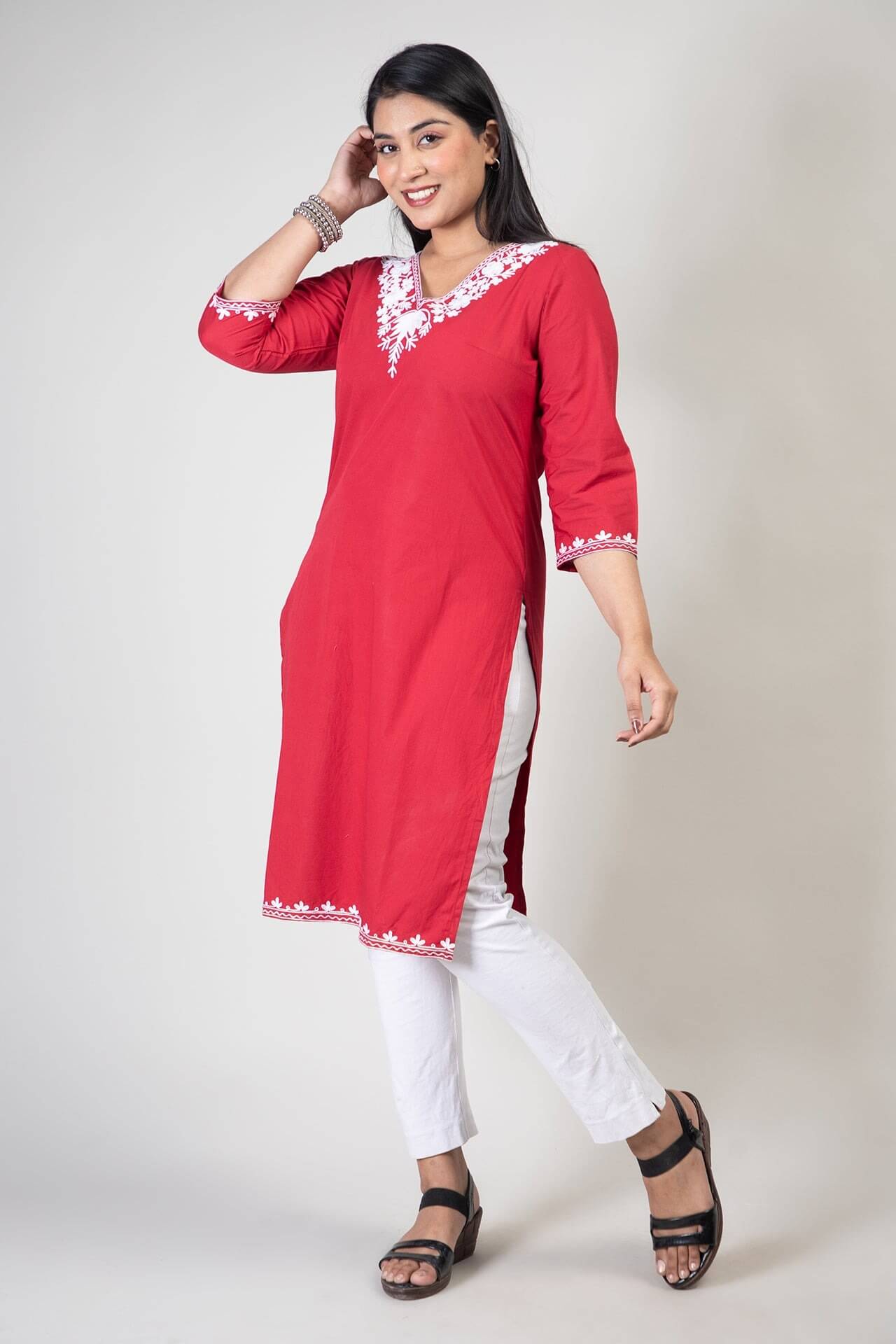 Red Summer Cotton Kurti with White Floral Kashmiri Aari Work