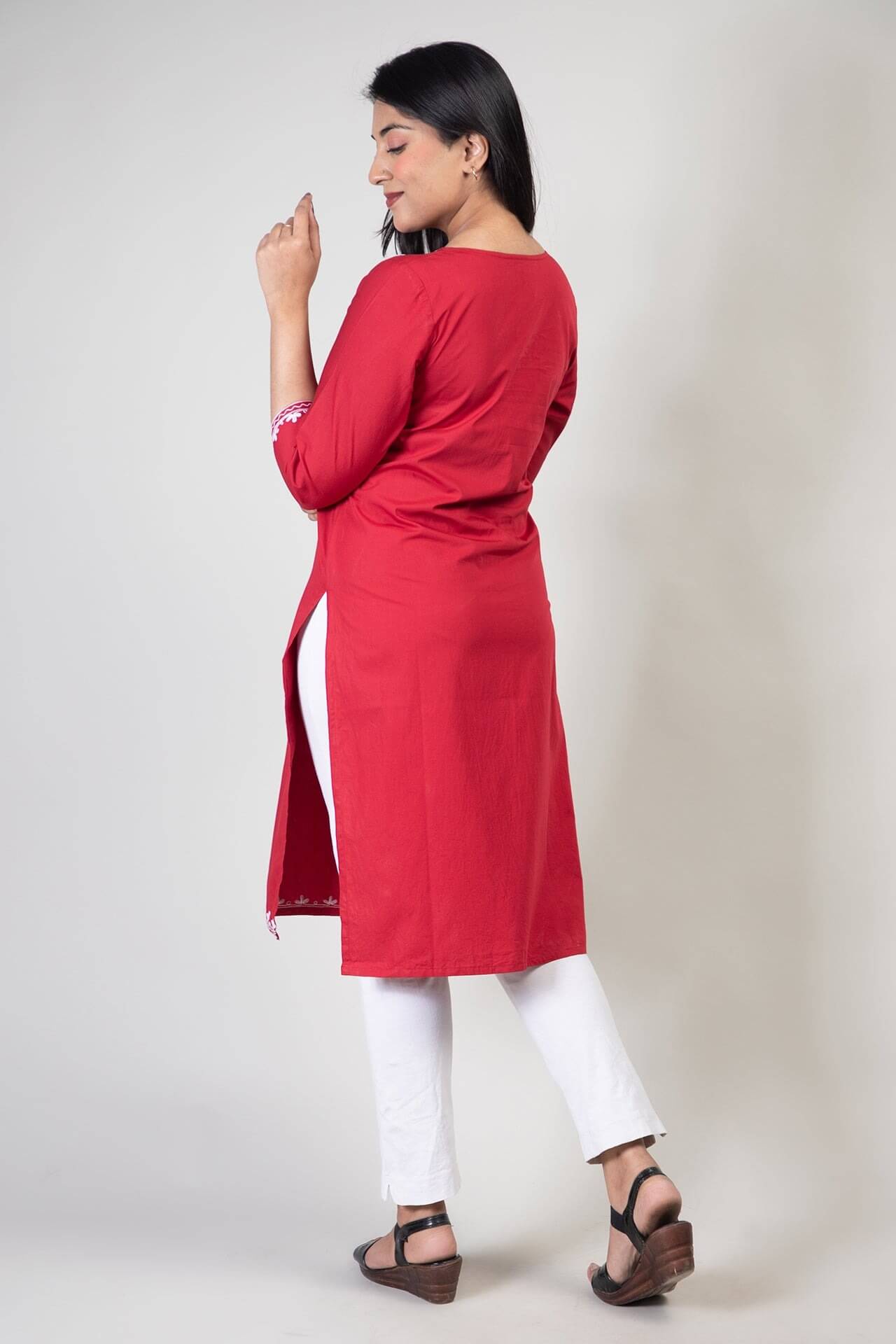 Red Summer Cotton Kurti with White Floral Kashmiri Aari Work