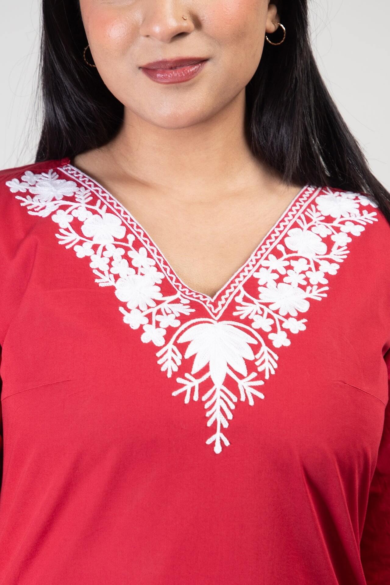 Red Summer Cotton Kurti with White Floral Kashmiri Aari Work