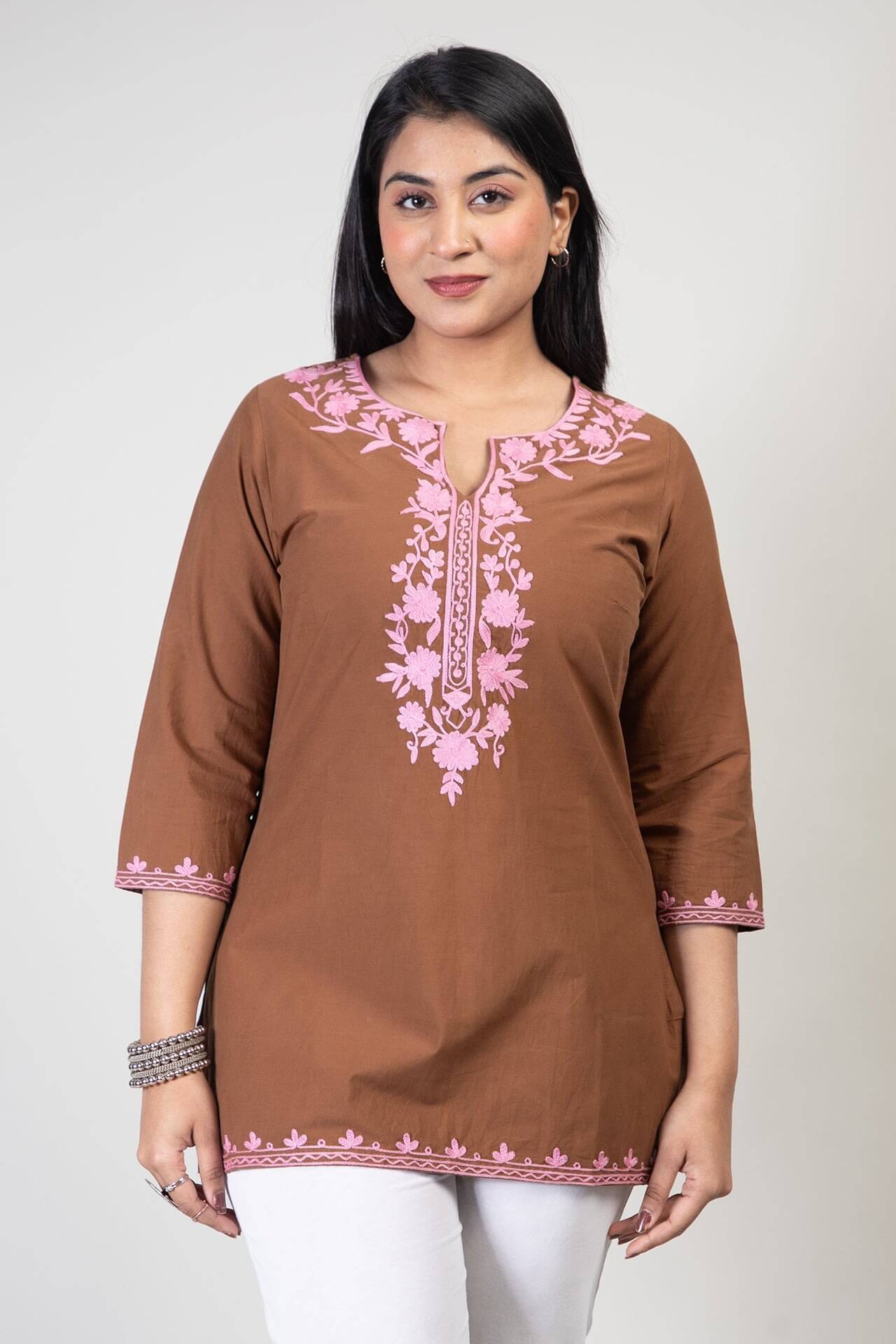Brown Kashmiri Short Cotton Kurti with Pink Floral Aari Work