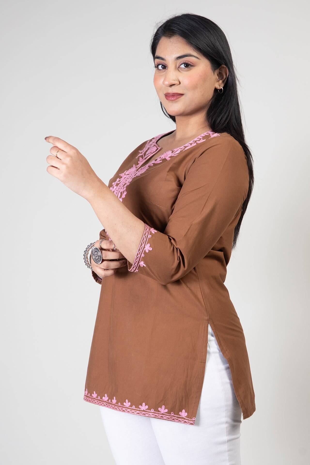 Brown Kashmiri Short Cotton Kurti with Pink Floral Aari Work