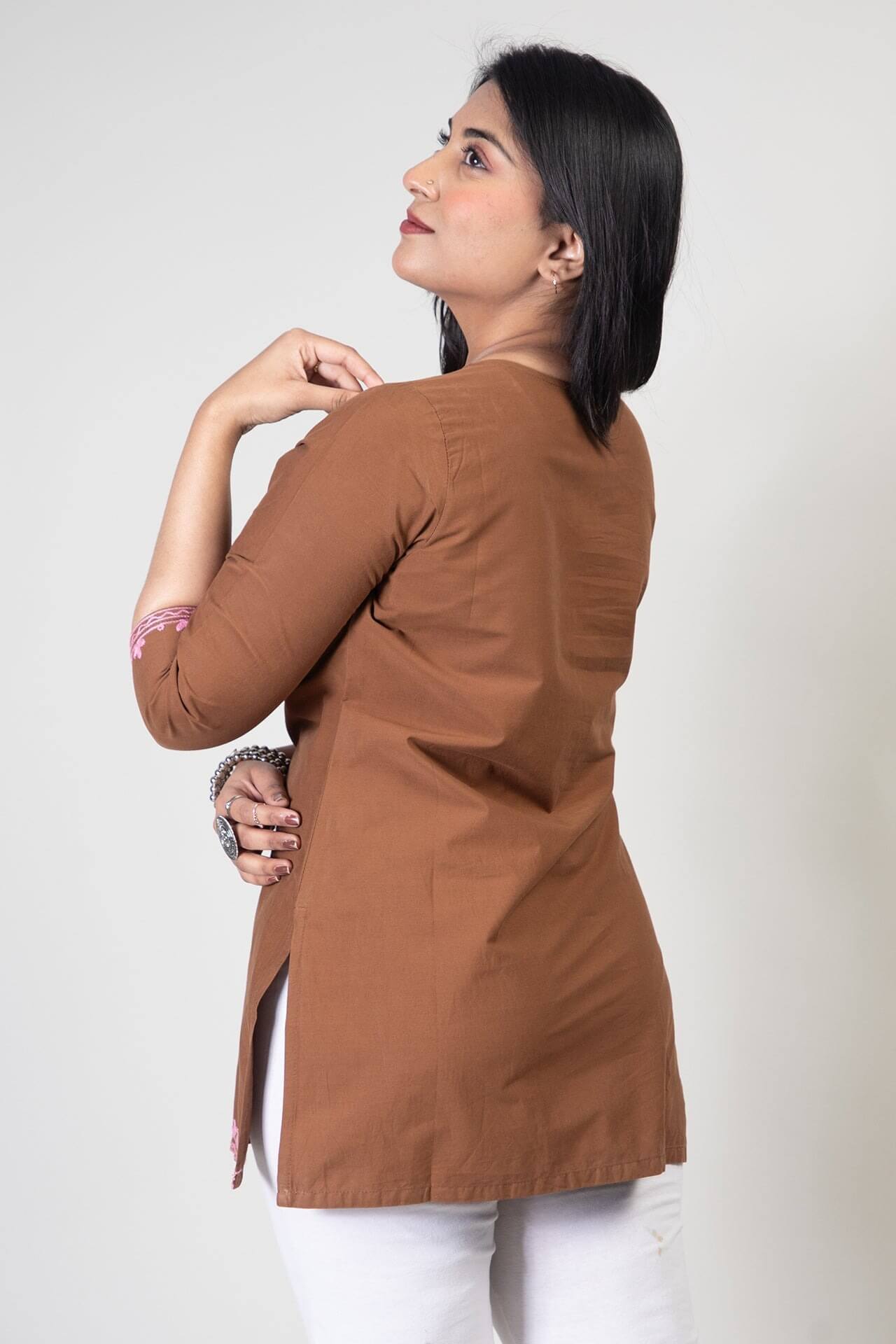 Brown Kashmiri Short Cotton Kurti with Pink Floral Aari Work