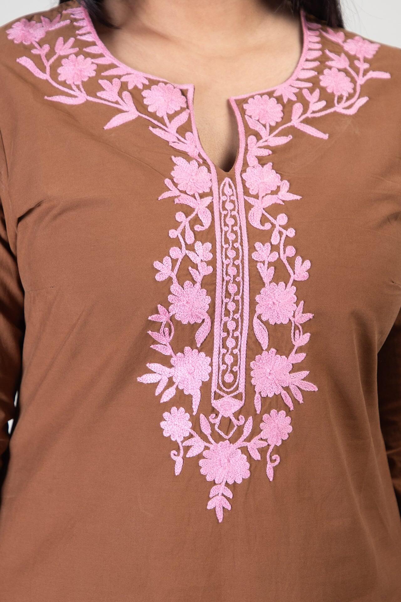 Brown Kashmiri Short Cotton Kurti with Pink Floral Aari Work