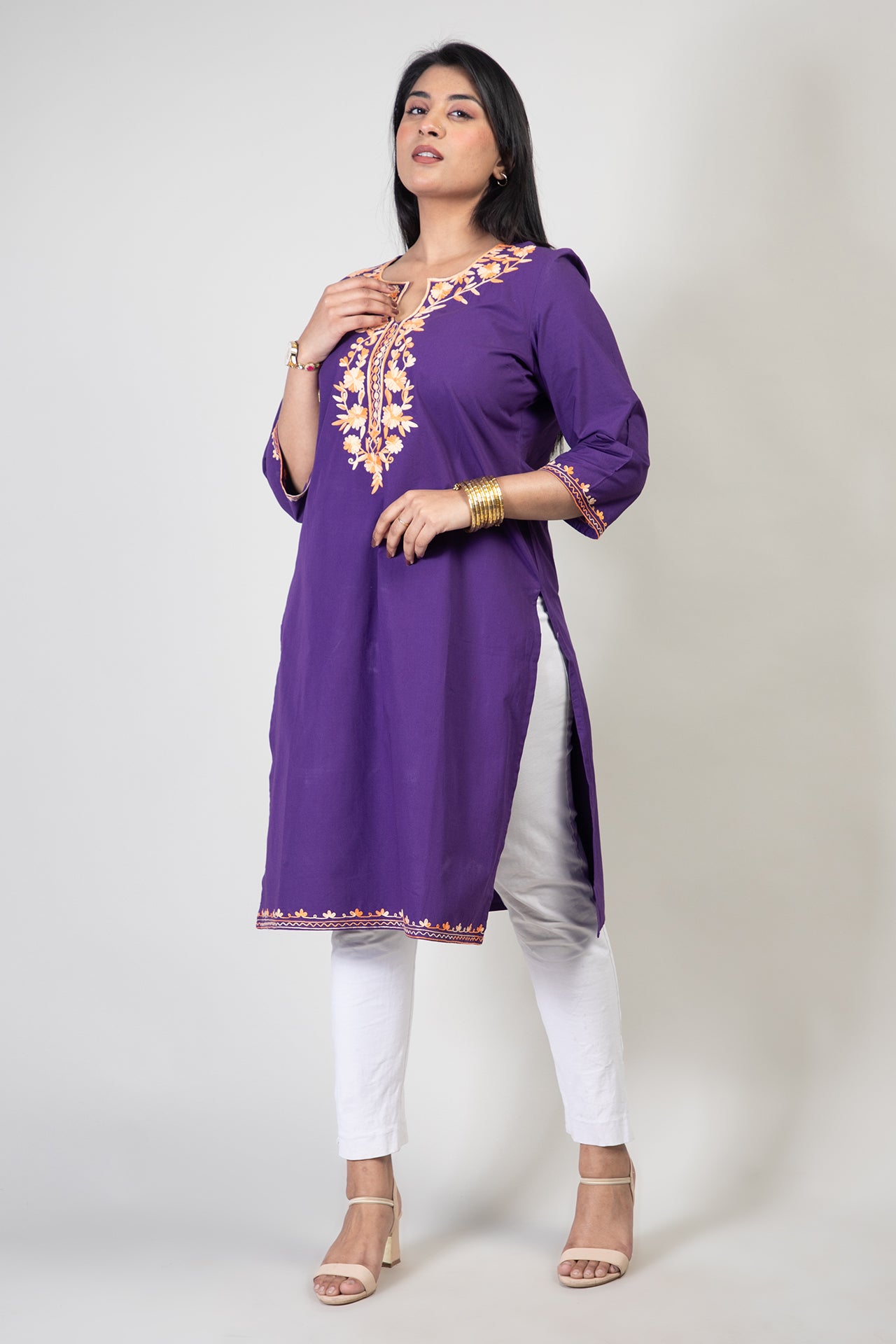 Royal Purple Cotton Kurti with Two Shade Orange Floral Embroidery