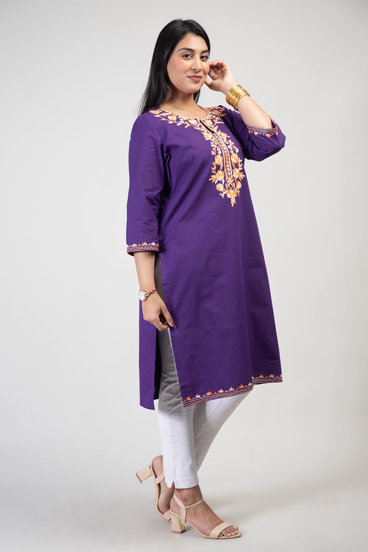 Royal Purple Cotton Kurti with Two Shade Orange Floral Embroidery