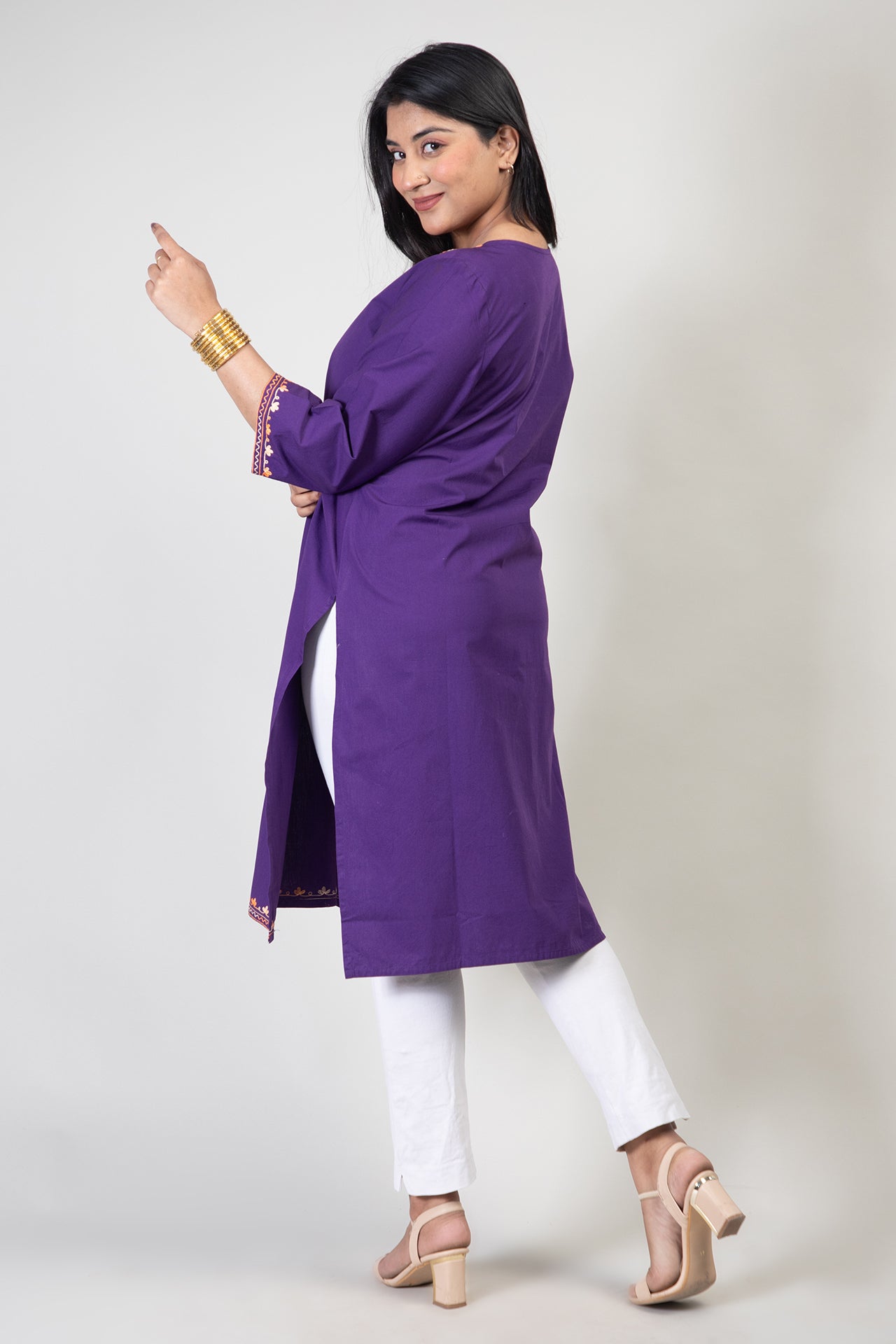 Royal Purple Cotton Kurti with Two Shade Orange Floral Embroidery