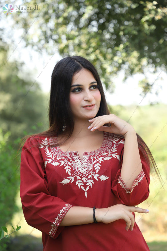 Brick Red Kashmiri Kurti Cord set with Golden Aari Embroidery