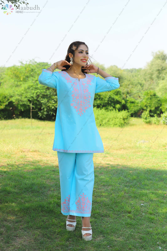 Cotton Short Sky Blue Kashmiri Kurti Cord Set With baby Pink Embroidery