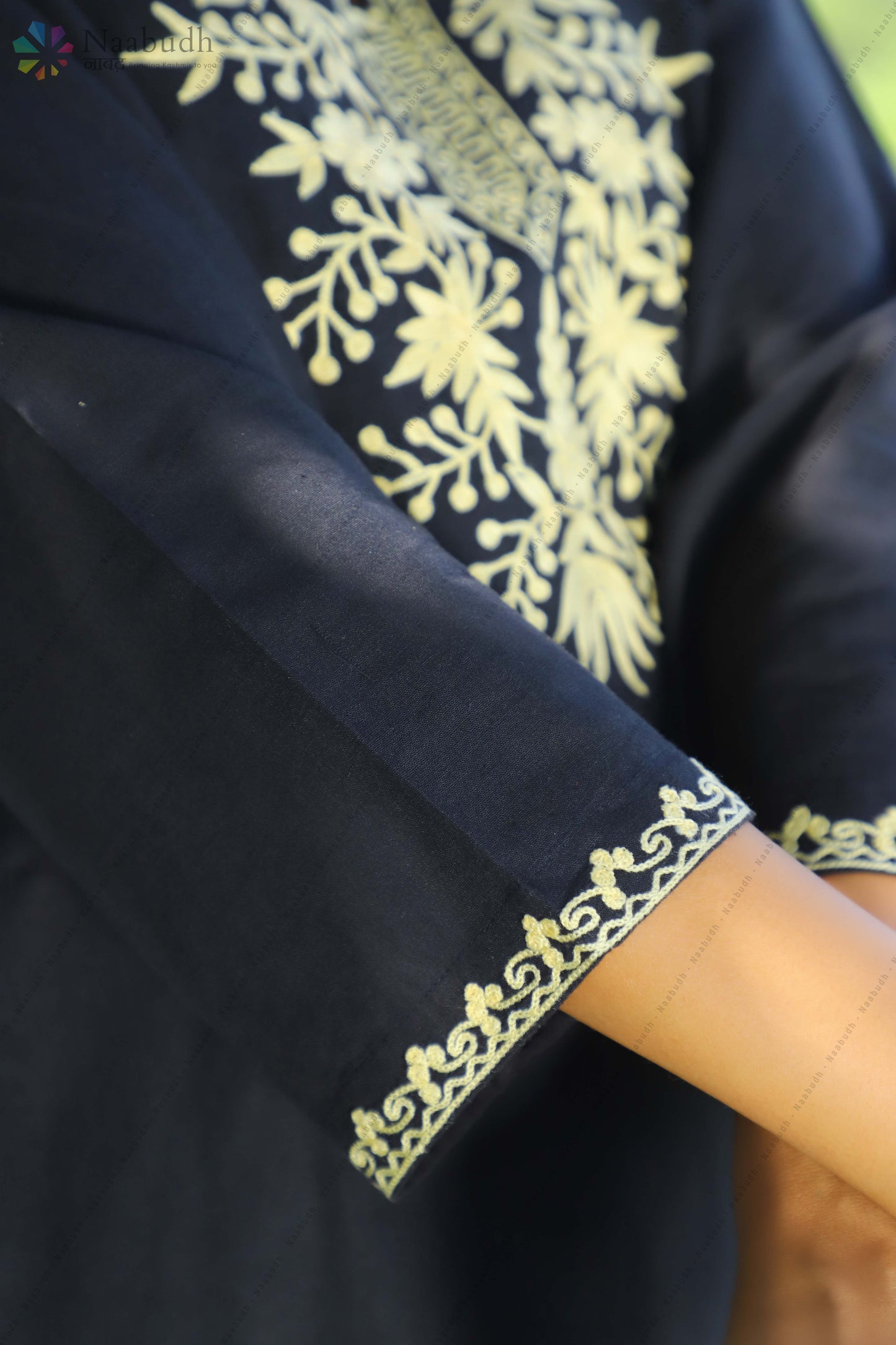 Black Cotton Kashmiri Kurti Cord Set with Light Yellow Embroidery