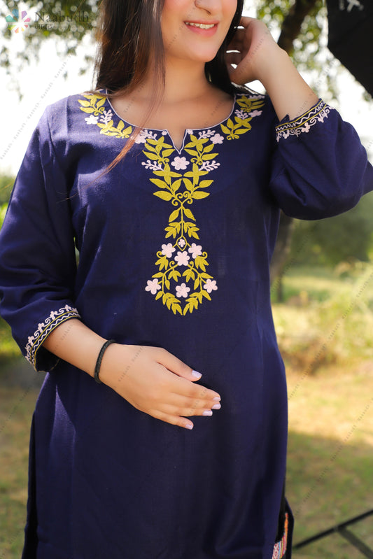 Woolen Long Navy Blue Kashmiri Kurti With sap Green and light Pink Embroidery