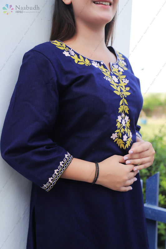 Woolen Long Navy Blue Kashmiri Kurti With sap Green and light Pink Embroidery