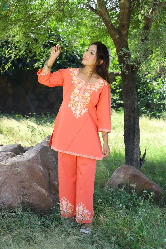 Cotton Short Peach Kashmiri Kurti Cord Set With baby Pink and light Yellow Embroidery