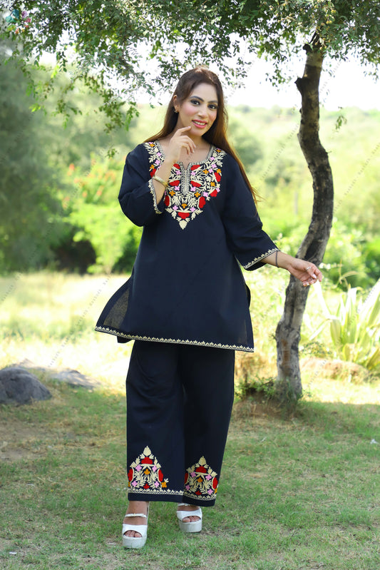 Black Kashmiri Cotton Cord Set with Multicolor Aari Embroidery